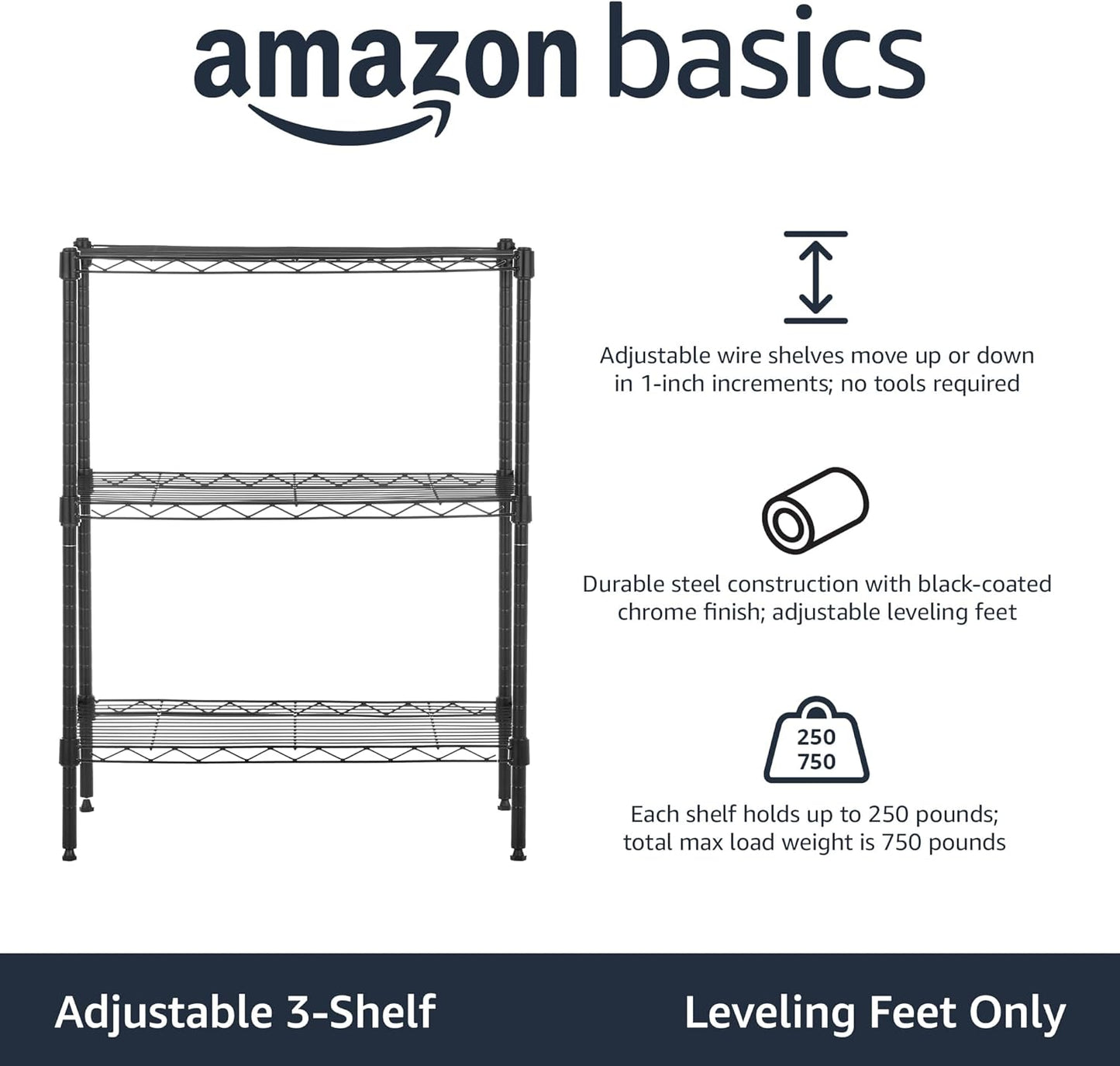 Amazon Basics 3-Shelf Adjustable Heavy Duty Steel Wire Rack Storage Shelving Organizer with Storage Space, Versatility and Ease of Use for Kitchen, Garage, 23.2" L x 13.4" W x 30" H, Black