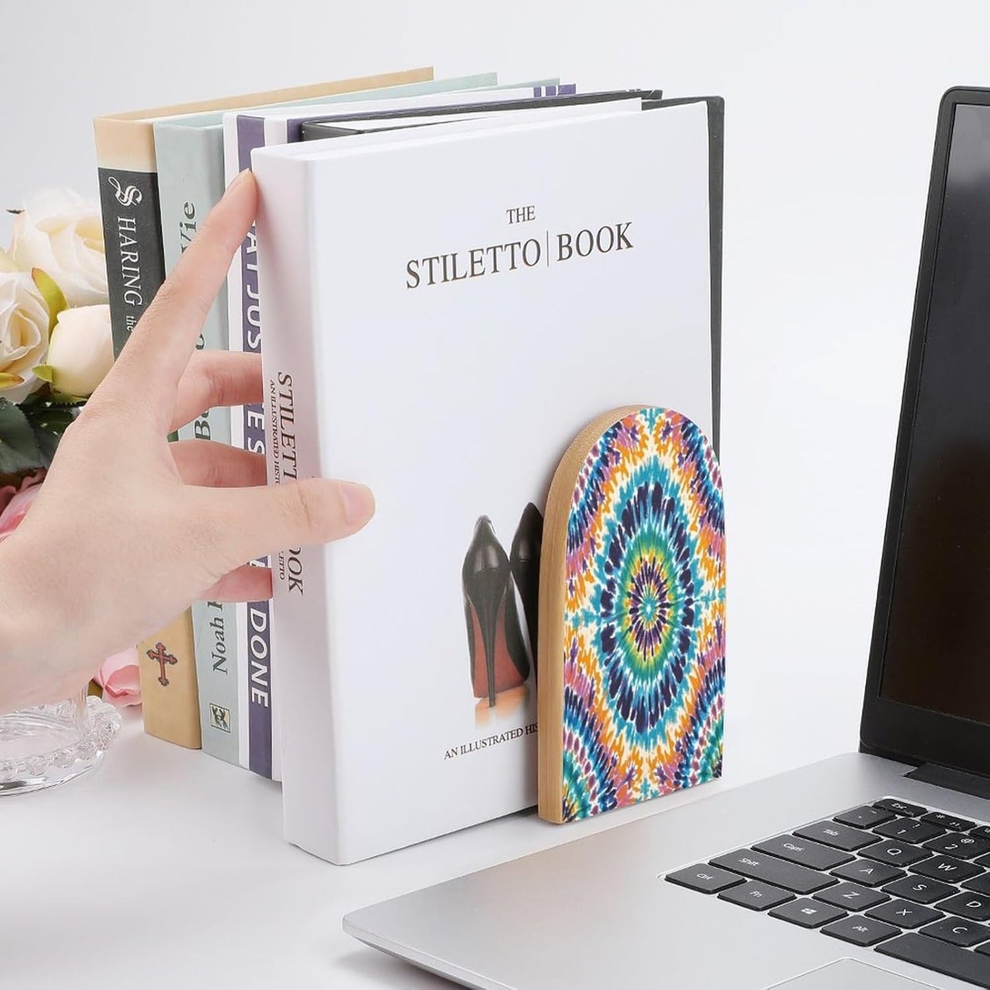 Tie Dye Pattern Bookends 1 Pair Heavy Duty Book Ends for Shelves Non-Skid Bookend Supports Wooden Book Holders with Metal Base Desk Organizers Books Storage to Hold Books