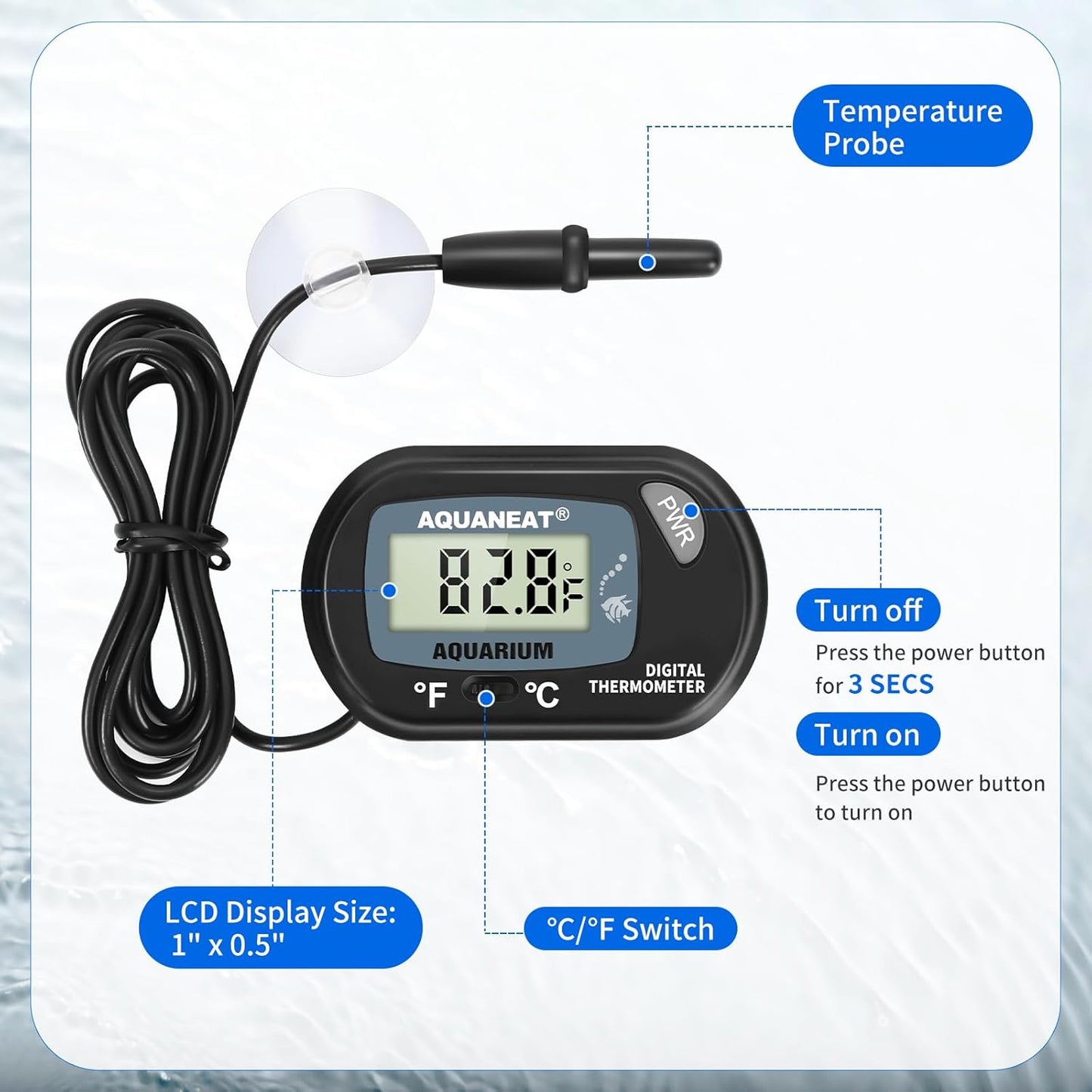 AQUANEAT Aquarium Thermometer, Fish Tank Thermometer, Digital Temperature Test, with Large LCD Display (1 Pack)