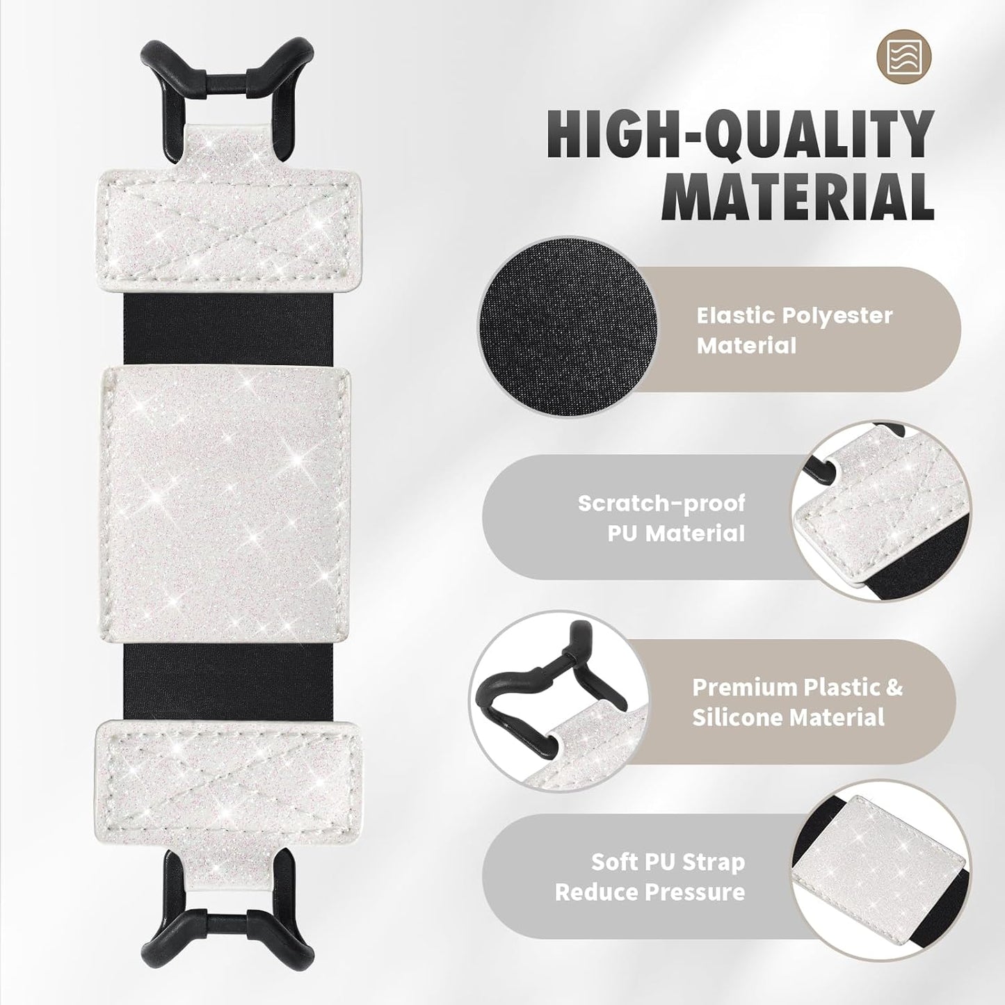 MoKo Soft Hand Strap for 6-8" Universal eReaders & Tablets, Black High-Elasticity Versatile Hand Strap Lightweight Finger Grip Holder, Glitter White