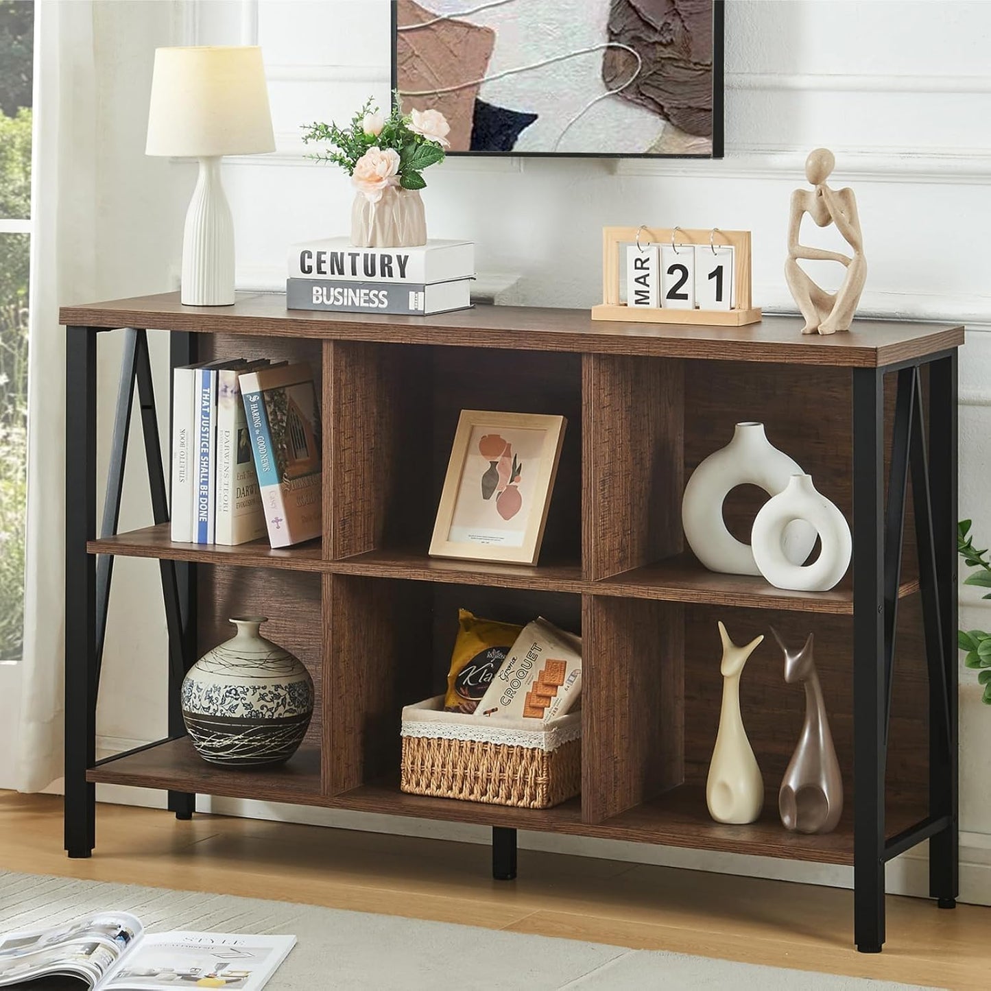 HOMISSUE Cube Storage Organizer Shelf, Rustic Short Wide Bookshelf with 6 Cubes, Industrial Low Cubby Bookcase with 3-Tier Shelves, Horizontal Book Case for Living Room, Office, Brown