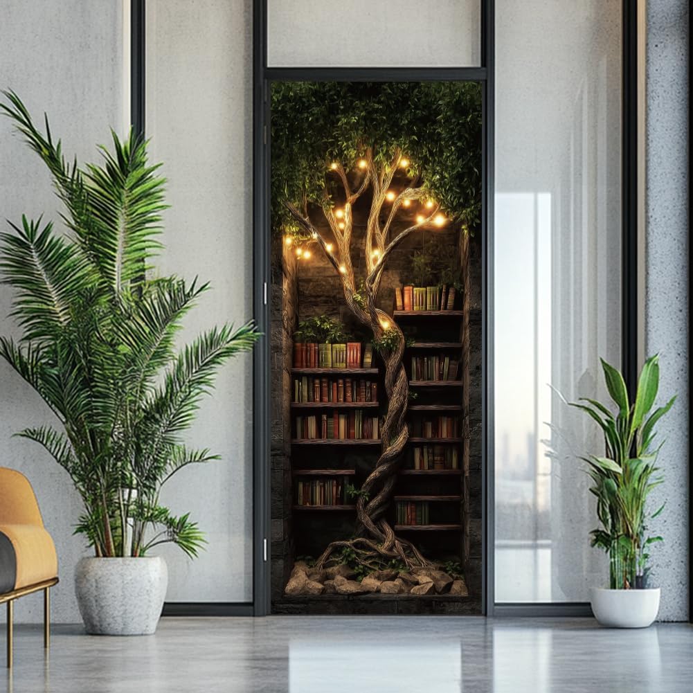 arricraft 2 Pcs Self-Adhesive Door Sticker, 31.5"x78.7" Fantasy Tree-Shaped Bookshelf Retro Bookshelf Light Tree Murals Stickers PVC Removable Wallpaper Decoration for Bedrooms Living Room