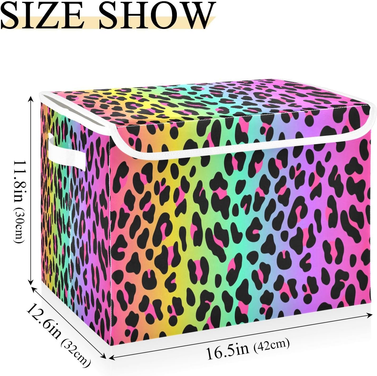 Large Collapsible Storage Bins with Lids, Rainbow Leopard Animal Storage Baskets Organizer Containers with Handles for Nursery Clothes Toys