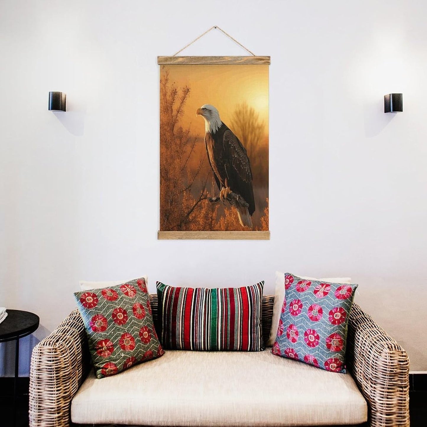 Vintage Golden Sunset Bald Eagle Poster with Wooden Frame Personalized Linen Hanging Scroll Painting Rustic Wall Hanging Illustrative Modern Artwork Decor for Home Living Room Bedroom Office