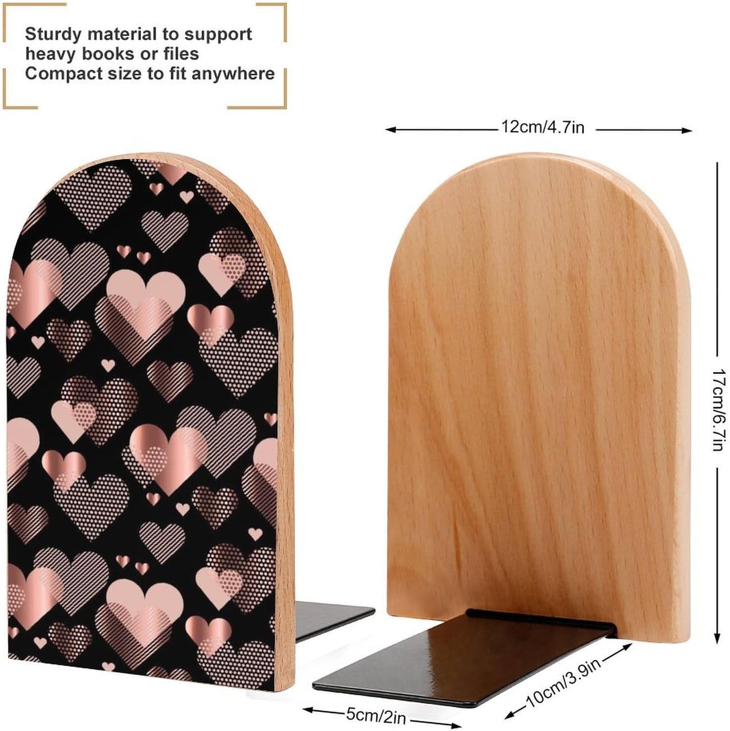 Rose Gold Love Heart Wooden Bookend Non-Slip Book Ends Heavy Duty Book Stopper with Metal Base Books Holderd Decorative Bookends Stands Firmly for Office Supplies