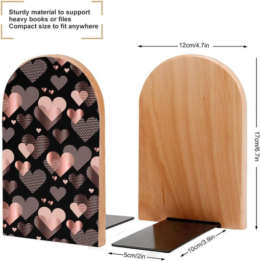 Rose Gold Love Heart Wooden Bookend Non-Slip Book Ends Heavy Duty Book Stopper with Metal Base Books Holderd Decorative Bookends Stands Firmly for Office Supplies