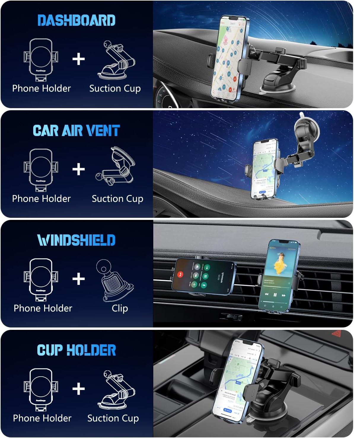 Wireless Car Charger, Fast Charging Phone Holder 3 in 1 Phone Mount Auto Clamping Car Accessories Compatible with iPhone 17 16 15 14 13 12 11 Xs XR, Samsung S23 Ultra S22 S21 S20/S10+ S9+ Note 9