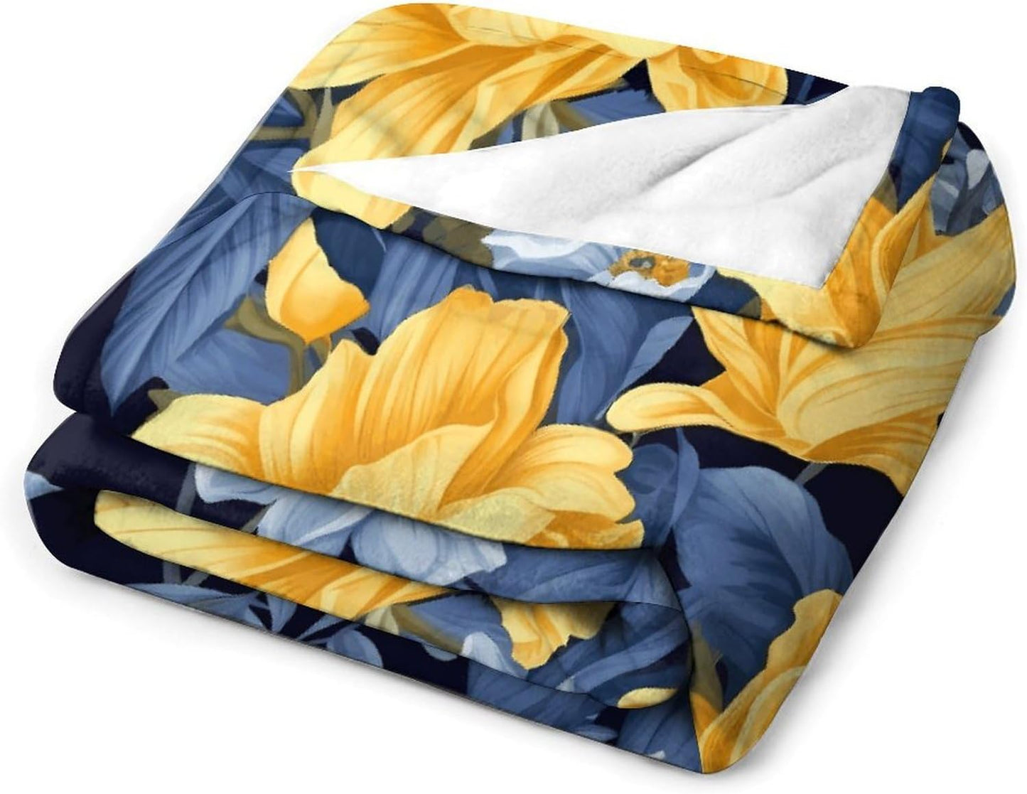 Blue Base Yellow Floral Blanket Chunky Fluffy Fuzzy Bed Blankets Cozy Soft Warm Winter Blankets Anti-Pilling Flannel Throw Blanket for Couch Living Room Bedroom Multiple Size