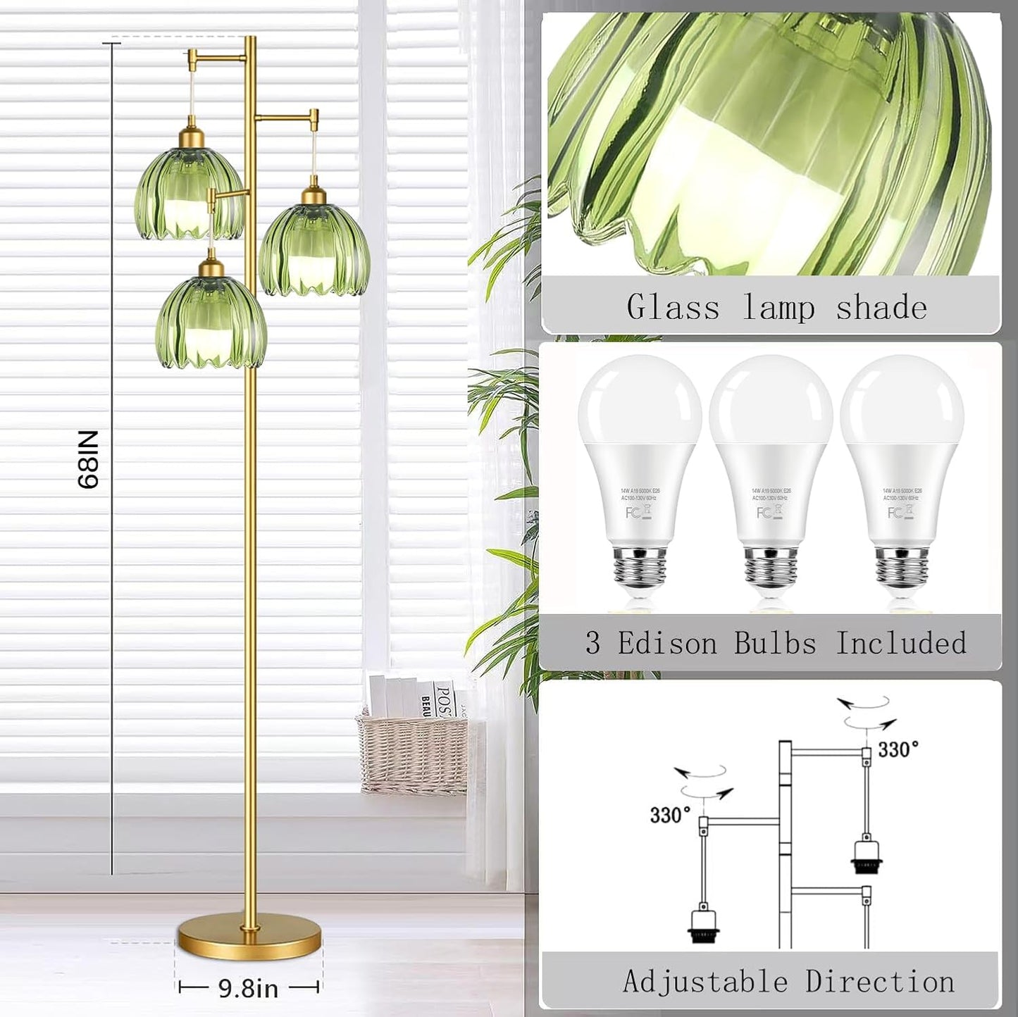 Gold Floor Lamps for Living Room Bedroom-3 Light Glass Floor Lamp with Three Led Bulb, Rustic Tall Floor Lamp Gold Standing Lamp Tree Floor Lamps for Living Room Bedroom,Office,Corner