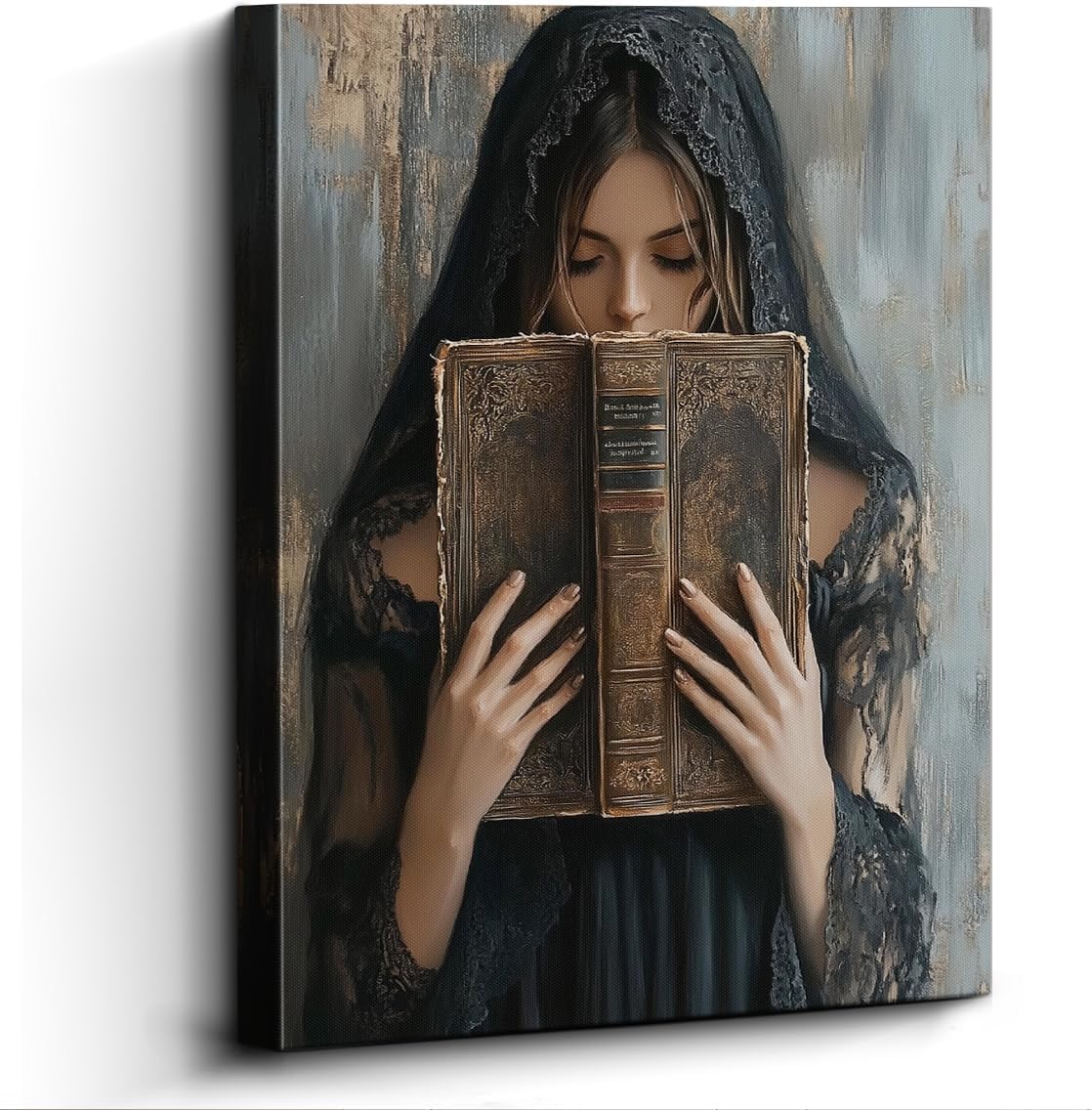 Dark Academia Wall Decor – 12x15 Inch Laminate Print of Woman Reading Antique Book – Vintage Gothic Art for Bedroom, Living Room, Office – Hanging & Table Display with Accessories