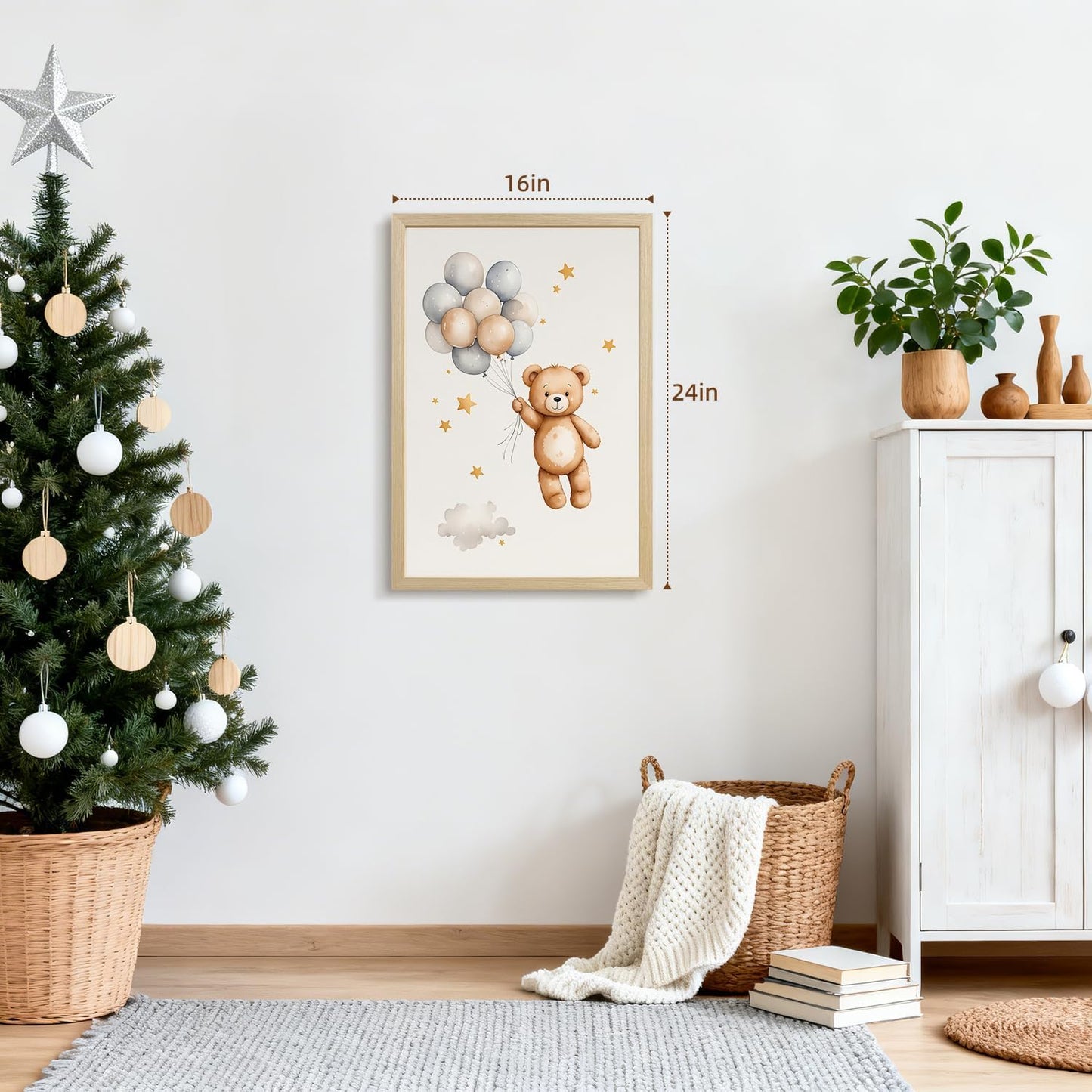 EisEver Baby Nursery Wall Art Set of 3, Bear Moon Cloud Balloon Nursery Decor, Cute Teddy Bear Boys Girls Room Art Prints, Neutral Beige Kids Room Artwork for Bedroom Playroom Wood Framed 16x24 inch