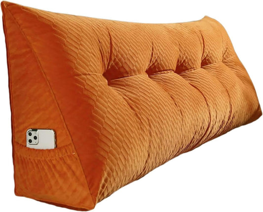 Triangular Headboard Wedge Bed Resting Reading Pillow Large Back Pillow, Queen Full Soft Back Positioning Support Long Cushion with Removable Cover, 200*50*20cm, Orange