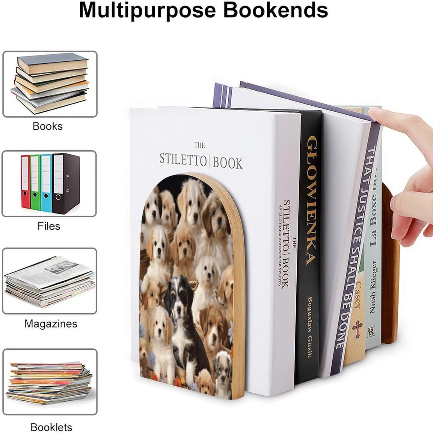 Cute Pet Dogs Bookend for Shelves Wooden Book End Large Size Sturdy Book Holders Stoppers with Metal Base for Bookshelves Slick Decorative Bookends Stands