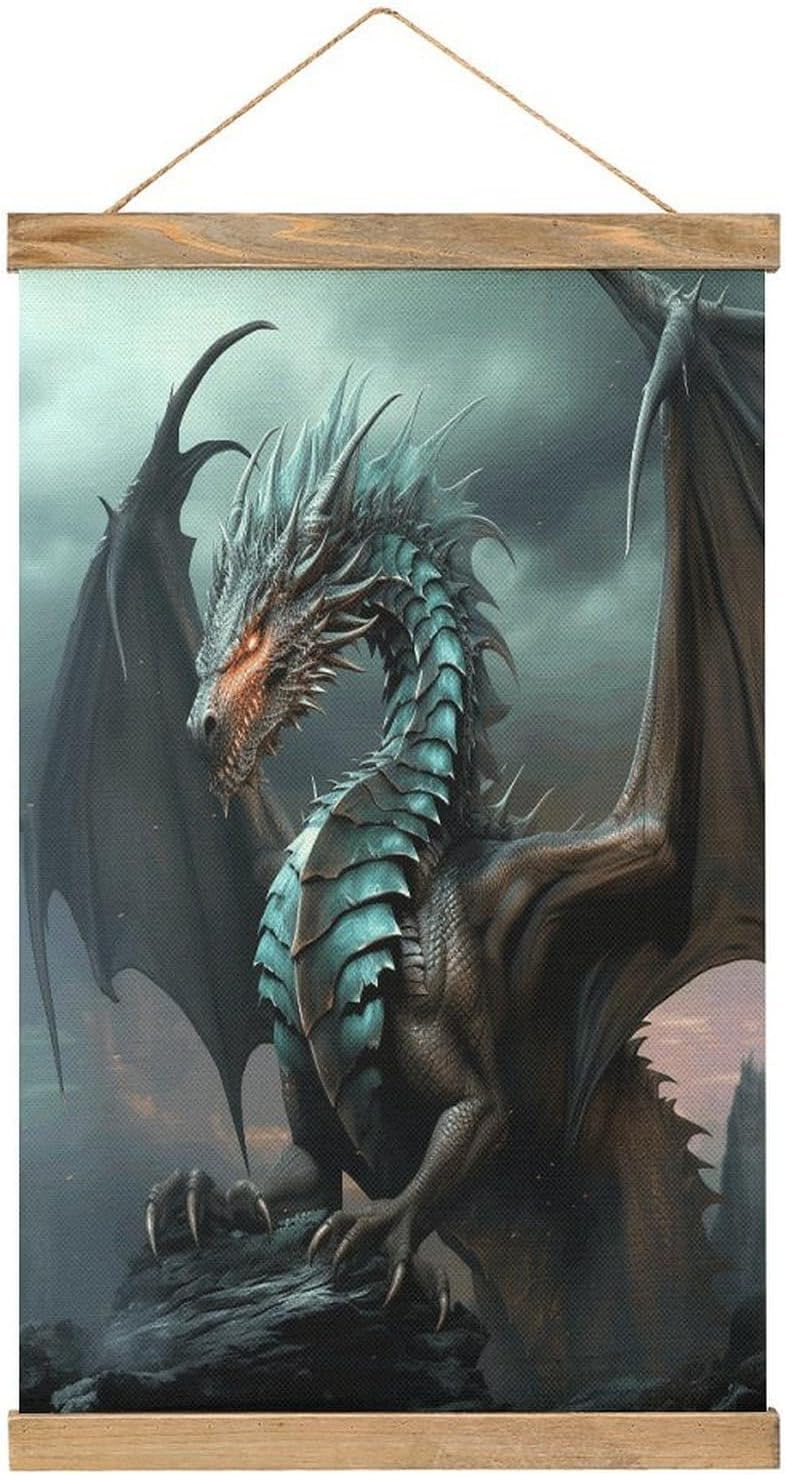 Vintage Cool Dragon Poster with Wooden Frame Personalized Linen Hanging Scroll Painting Rustic Wall Hanging Illustrative Modern Artwork Decor for Home Living Room Bedroom Office