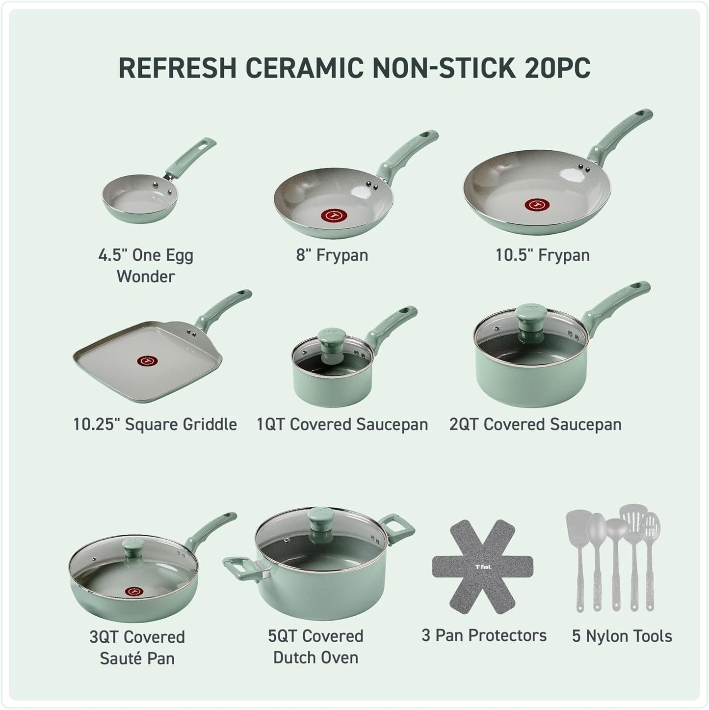 T-Fal Refresh Ceramic Nonstick Cookware Set, 20-Piece, Oven Safe to 350°F, Stockpot, Ceramic Pots and Pans Set, Frying Pans, Griddle, Utensils, Mint Green