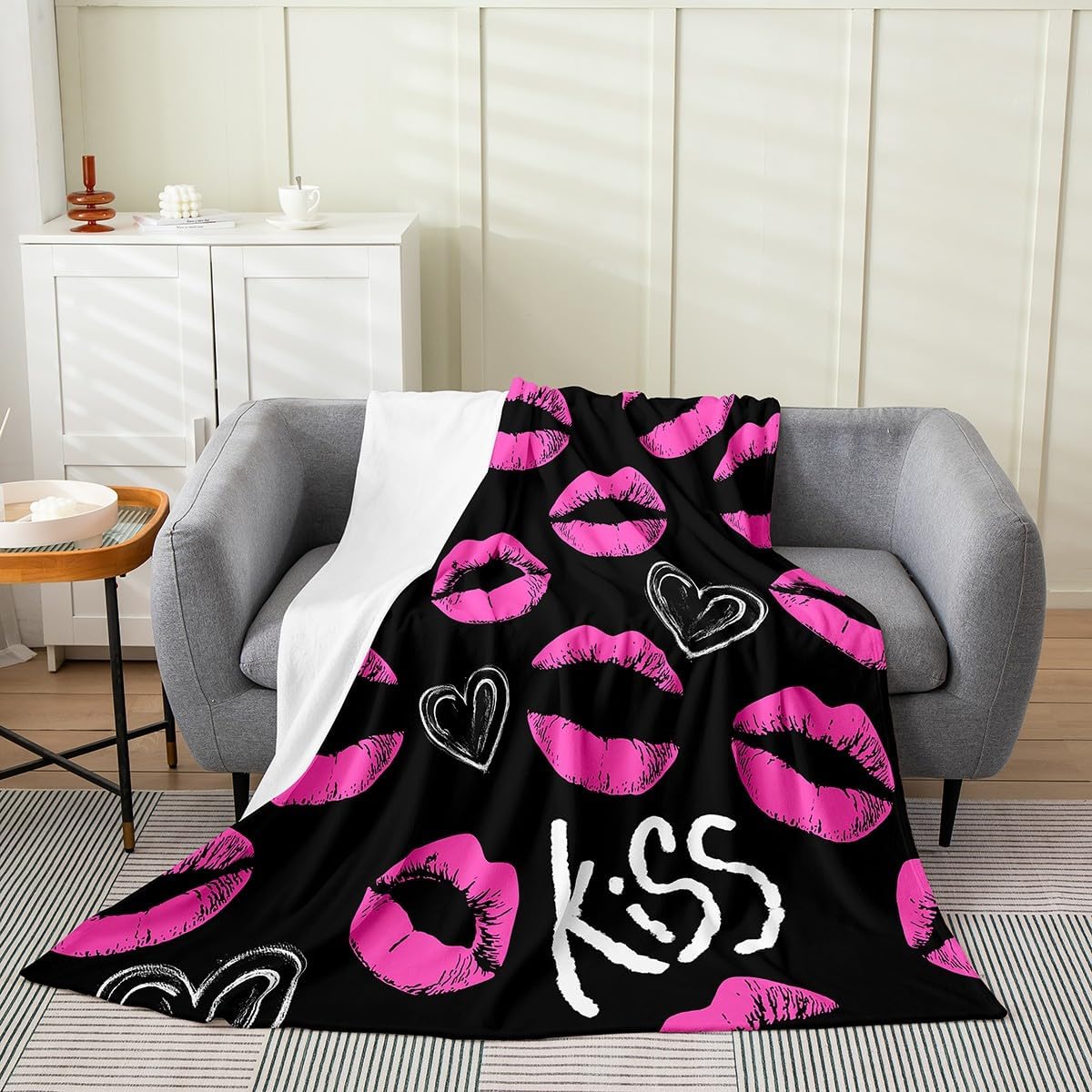 Feelyou Lip Print All Season,Bed Blanket Throw 50"x60" Love Plush Throw Blanket, for Sofa Couch Kids Women Men Ultra Soft Pink and Black Flannel Fleece Blanket Fashion Room Decor Personality Design