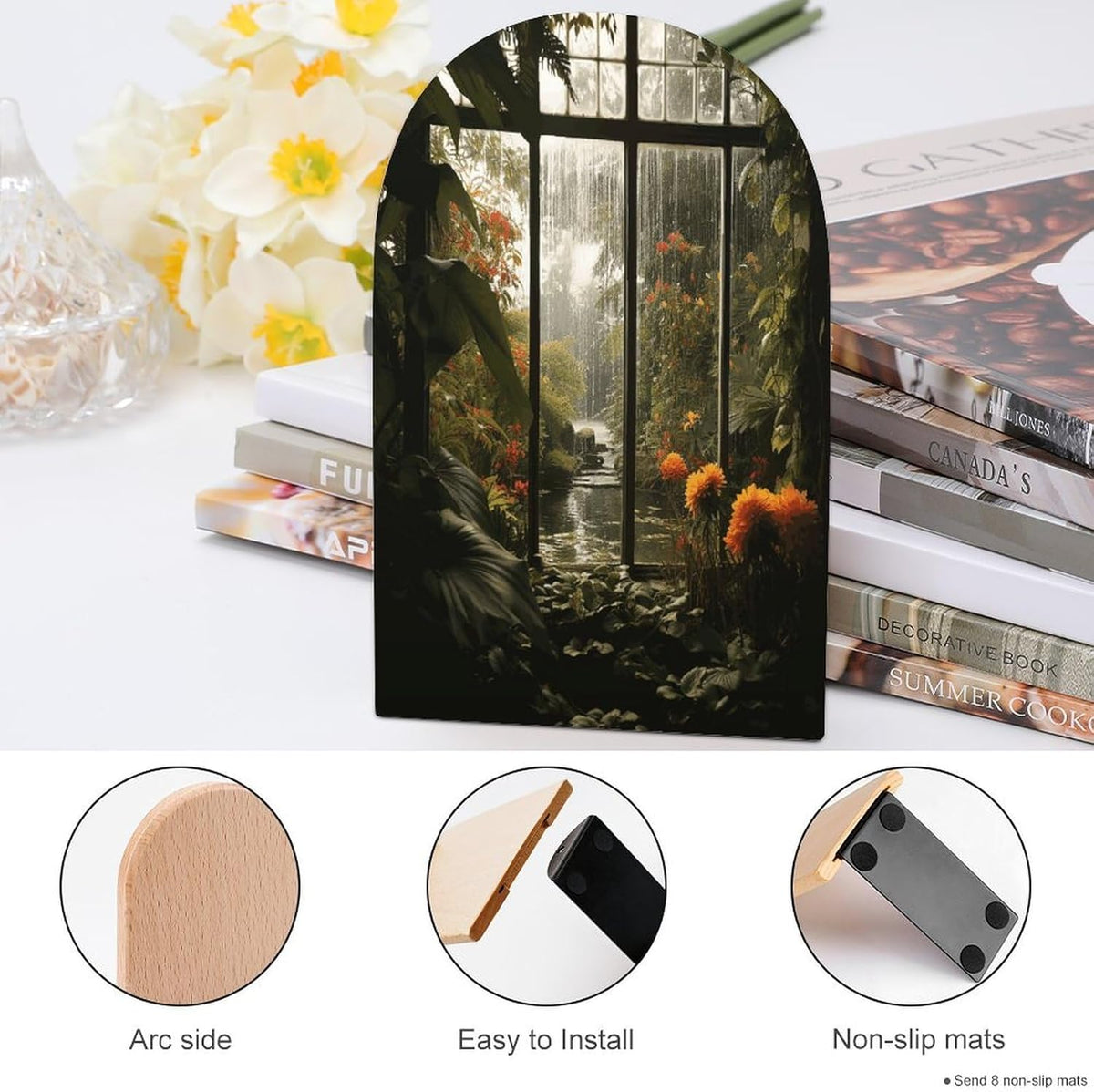 Scenery in The Window Wooden Bookend Non-Slip Book Ends Heavy Duty Book Stopper with Metal Base Books Holderd Decorative Bookends Stands Firmly for Office Supplies