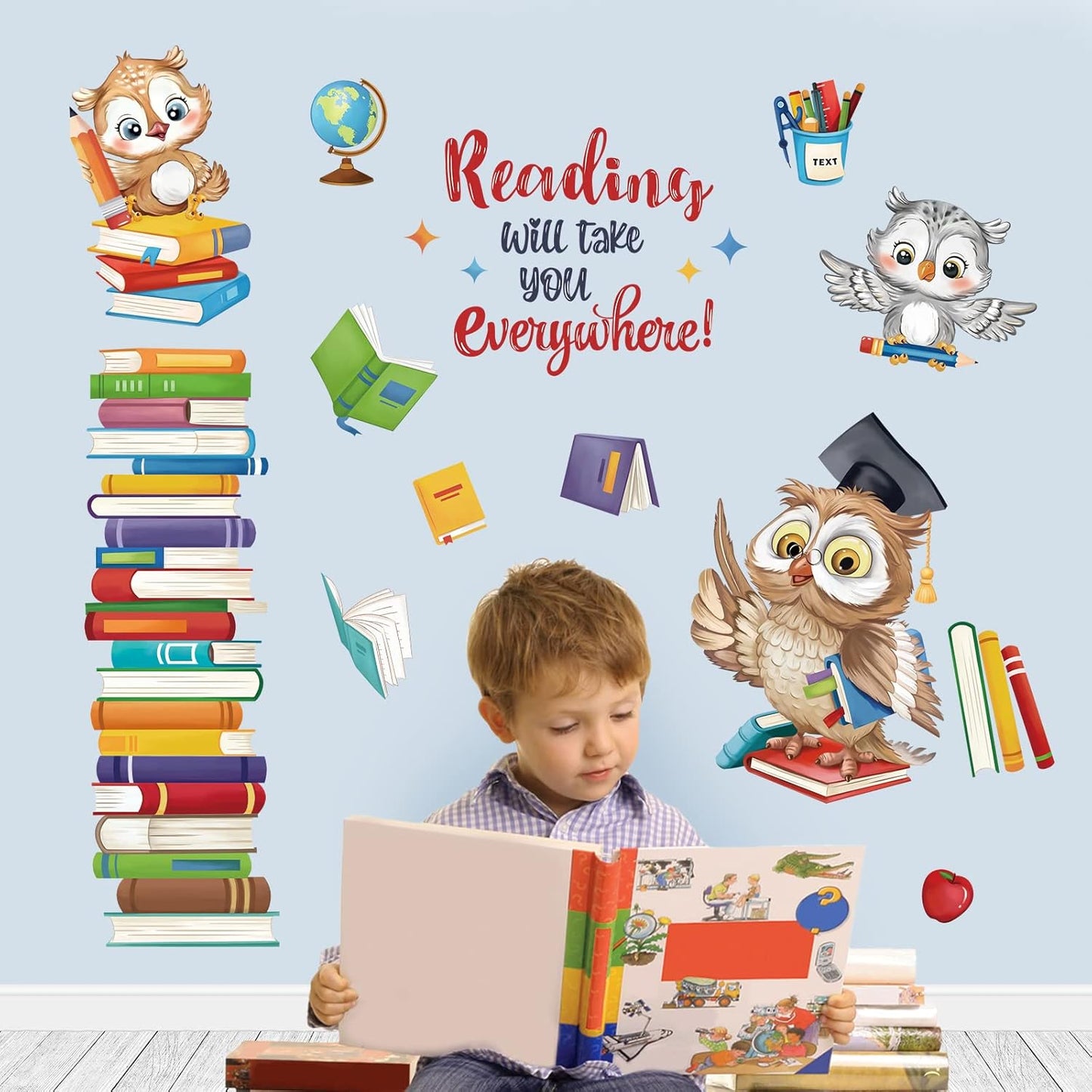 wondever Reading Corner Wall Stickers Owl Books Inspirational Educational Quote Peel and Stick Wall Art Decals for Kids Bedroom Classroom