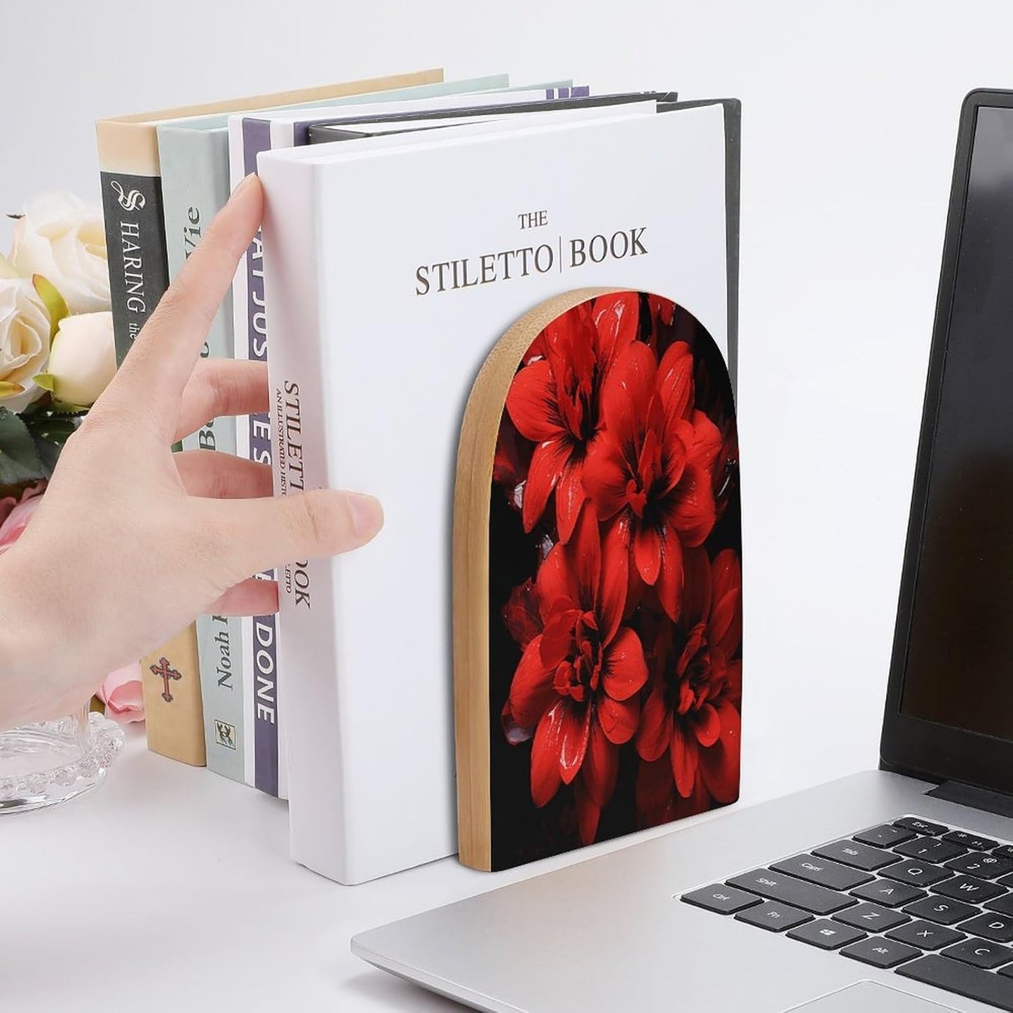 Red Flower on Black Wooden Bookend Non-Slip Book Ends Heavy Duty Book Stopper with Metal Base Books Holderd Decorative Bookends Stands Firmly for Office Supplies