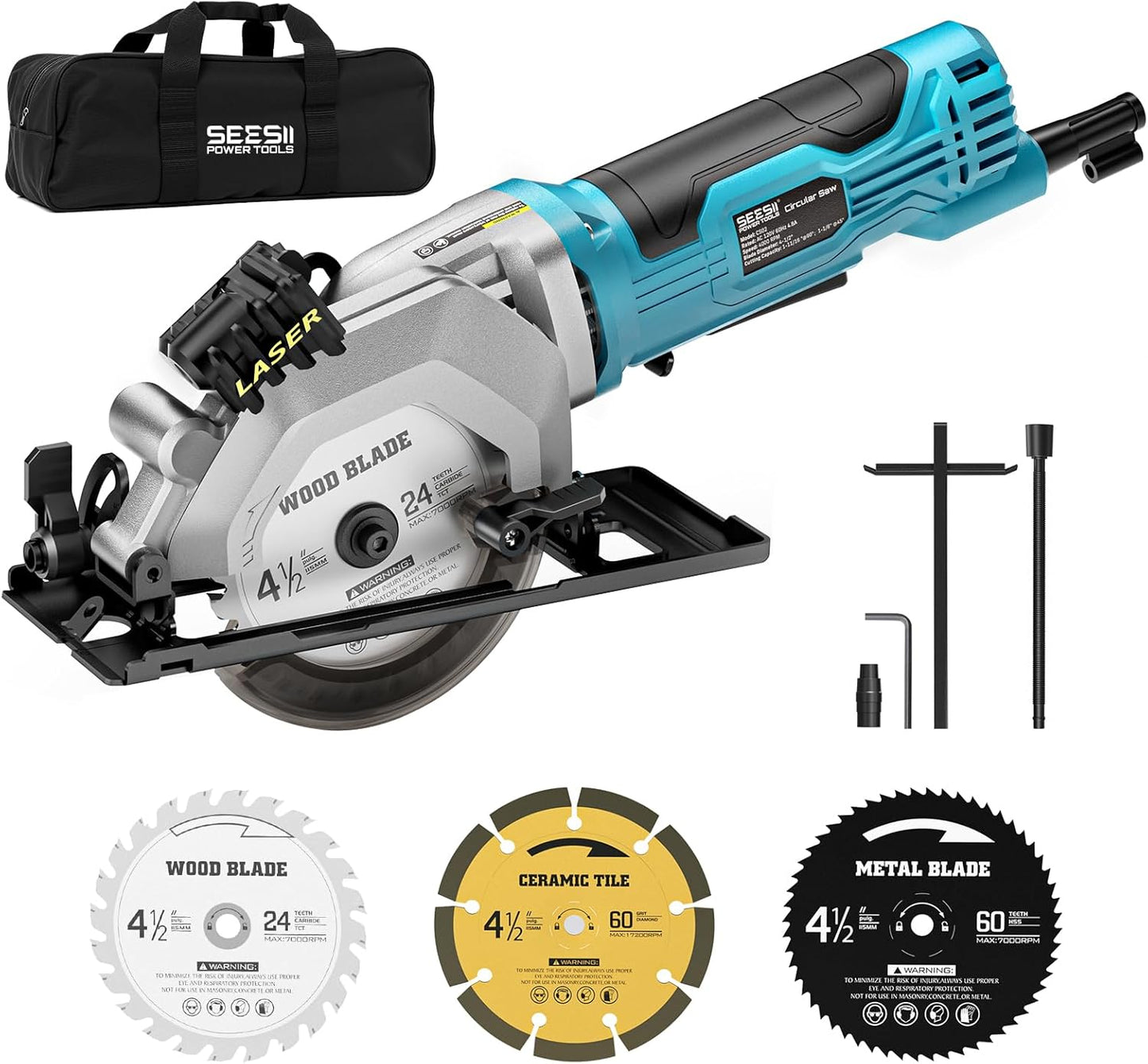 Seesii Mini Circular Saw with Laser Guide,4.8A 4000 RPM Compact Corded Circular Saw with Rip Guide,3 Blades (4-1/2") for Wood,Soft Metal,Tile,Plastic Cutting,Max Cut Depth 1-11/16"(90°),1-1/8" (45°)