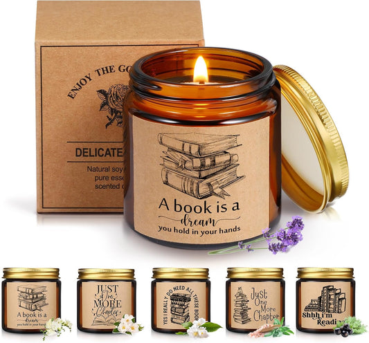 MTLEE 6 Pcs Book Lover Candle Gifts 3.5 oz Book Lovers Gifts Reading Soy Wax Scented Candle Bookish Rustic Bookshelf Jar for National Librarian Day Bookworm Readers Writer Club Teacher Appreciation