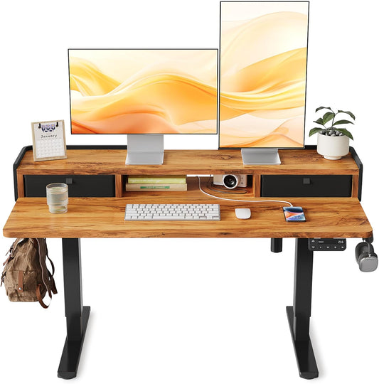 YIHAYO Low Height Adjustable Desk with Drawers, Lifts 18.1-28.3 Inches, Electric Standing Desk with Storage Shelf for short people, 48 x 24 Inches Table with Splice Board for Home Office, Rustic Brown