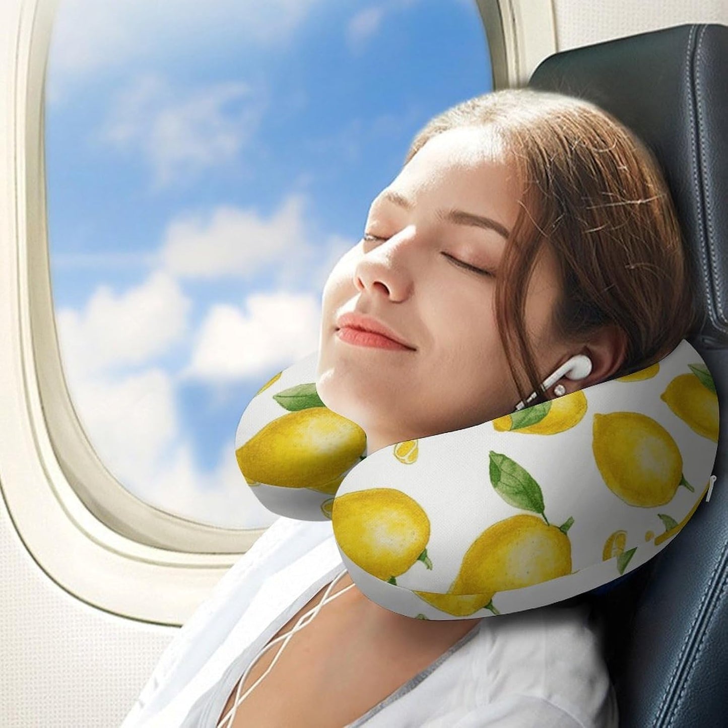 Yellow Lemon Neck Pillow Memory Foam U Shaped Pillows Portable Pillows for Shoulder Travel Head Support Pillow with Concealed Zipper for Airplane Car Home Office