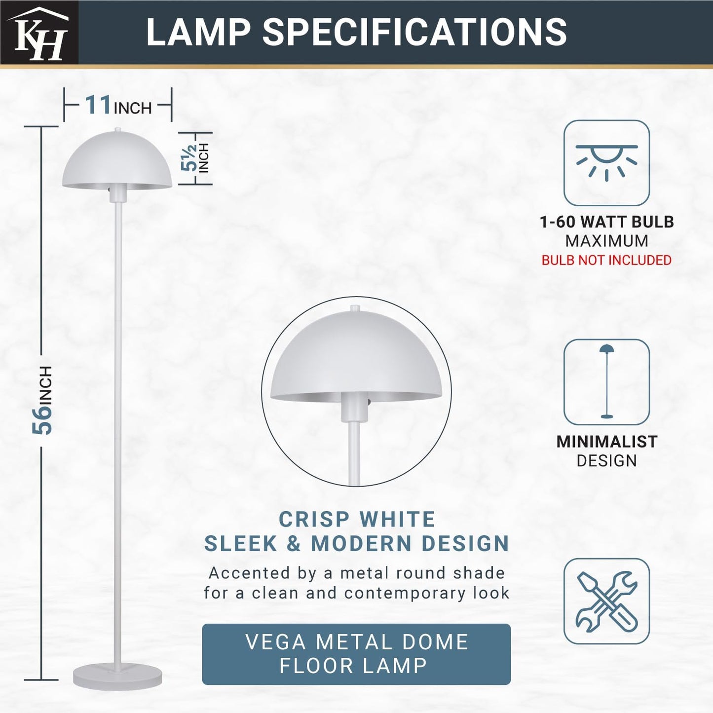 Kenroy Home Vega White Metal Dome Floor Lamp with Sleek Modern Design and Round Metal Shade for Living Rooms, Offices, and Bedrooms