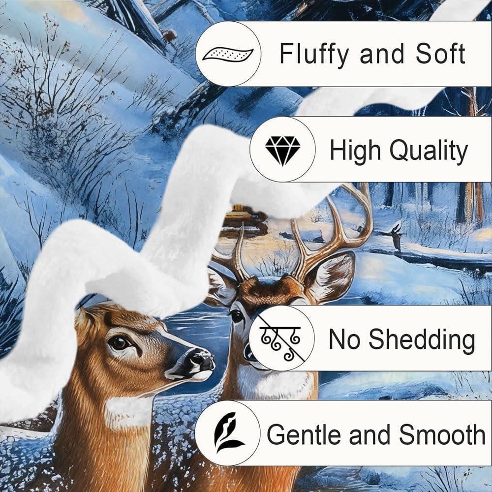 Christmas Throw Blanket, Winter Deer Snow Forest Holiday Theme Blanket for Couch and Bed, Warm Cozy Winter Cabin Throw, Super Soft, 50x60 Inch, Blue