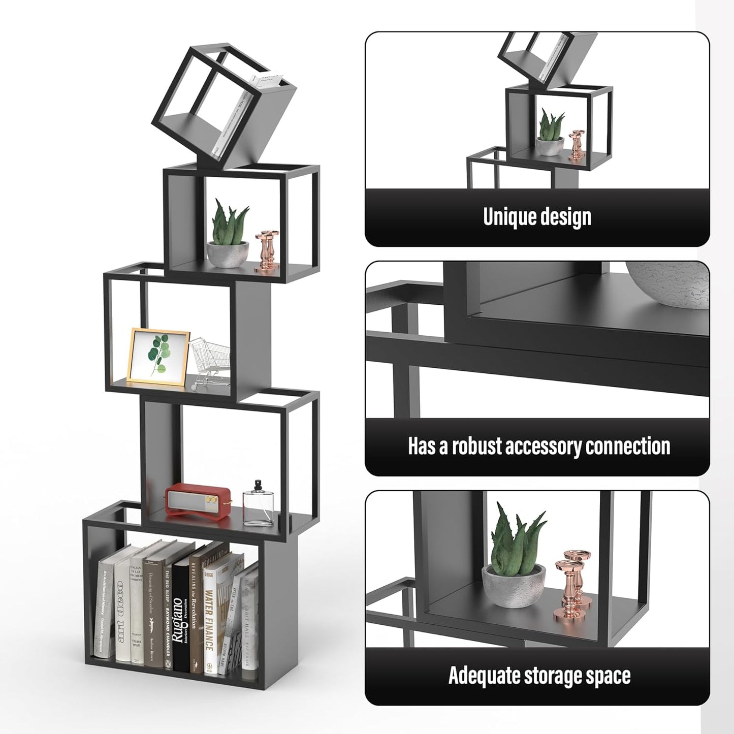 5-Tier Black Unique Metal Bookshelf – 52" Modern Bookcase for Books, CDs & Collectibles – Stylish Storage & Display Shelf for Living Room, Bedroom, Office