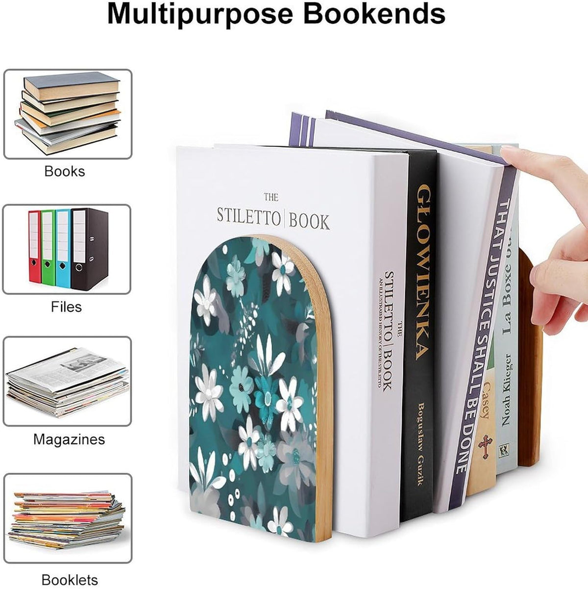 Non-Slip Bookend for Shelves Teal Grey and White Floral Wooden Bookends with Metal Base Decorative Book Stopper for Home Heavy Duty Wood Book Storage for Books/CDs