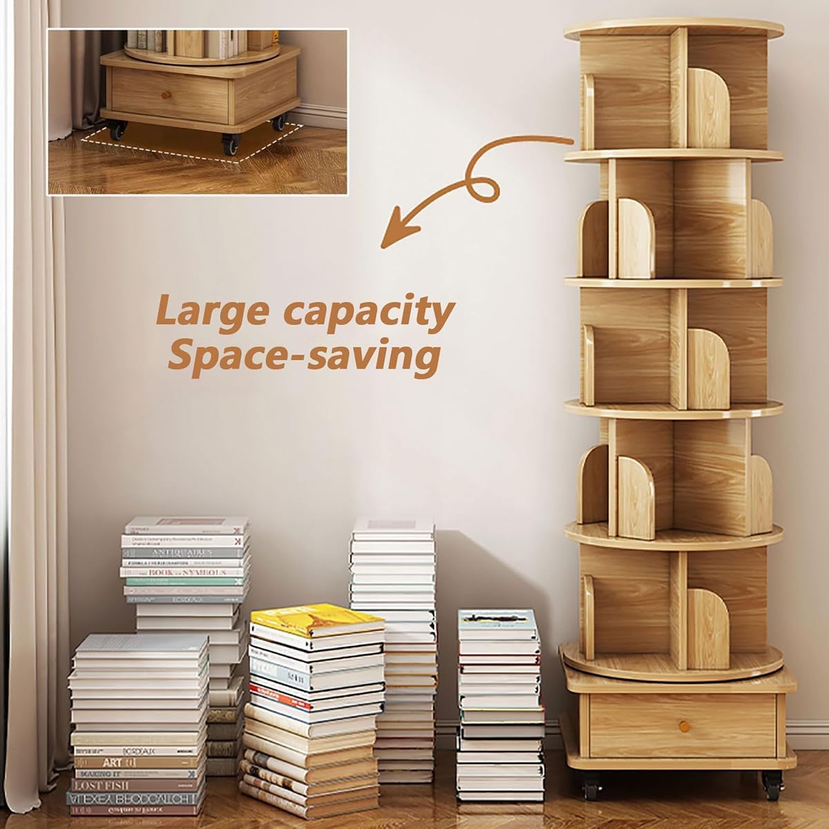 5-Tier Rotating Bookshelf Tower on Wheels - Space-Saving Wood & Metal Bookcase for Corners, Perfect for Living Room, Bedroom, or Study - Stylish Floor Standing Design