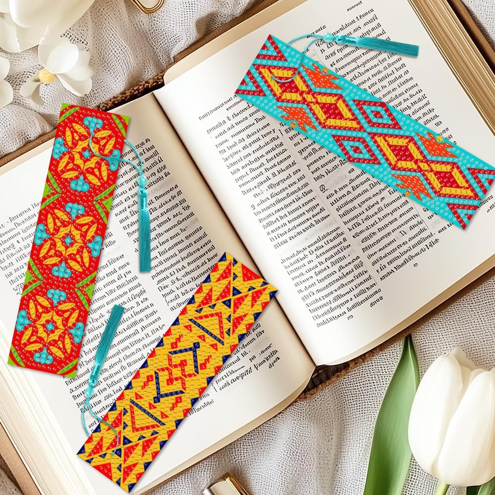 6Pcs Geometric 5D Diamond Art Bookmarks Vintage Floral Diamond DIY Painting Bookmarks Rhinestones Beaded Acrylic Tassel Bookmark for Adult Beginner Crafts