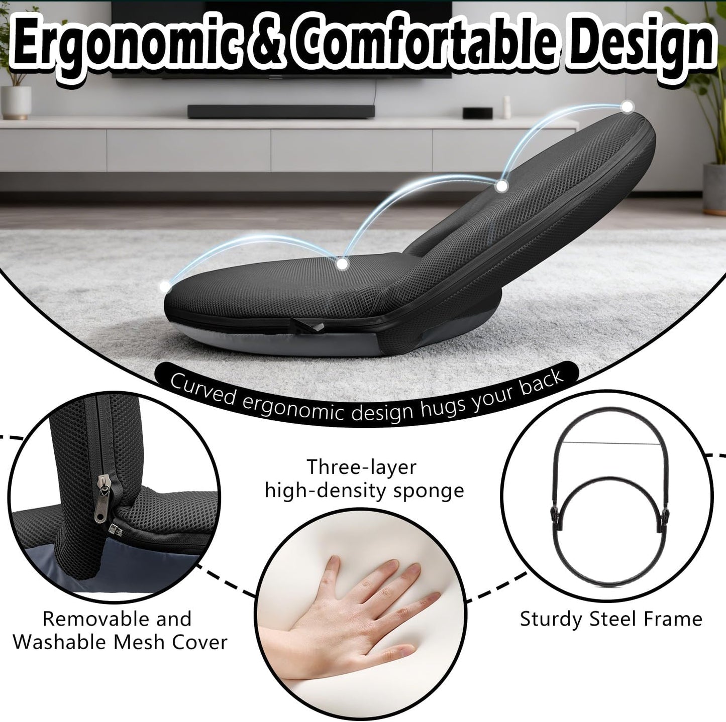 Floor Chair Floor Cushion Folding Padded Gaming Chair Adjustable 5-Position Floor Seat with Back Support for Kids Adult Great for Gaming Reading Meditating (Black)