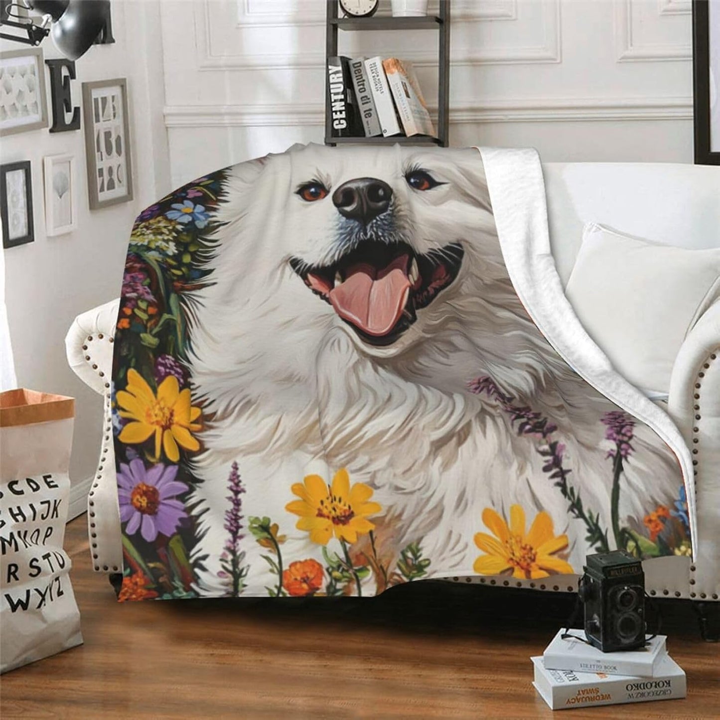 Cute Samoyed Blanket Gifts for Women Girls Kids Dog Lovers, Puppy Flannel Blankets, Warm Cozy Soft Throw for Bedroom, Camping, Couch, Decor 50x60 in
