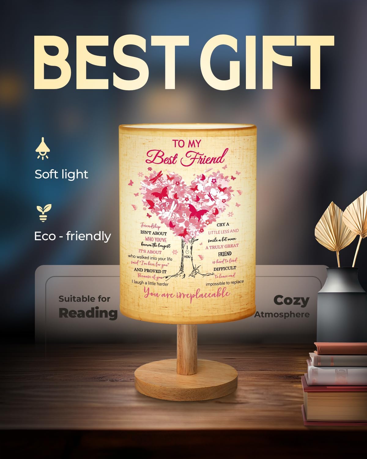 Best Friend Birthday Gifts for Women, Friendship Gifts for Women Fabric Lamp, Bestie Gift Table Lamp with Wooden Stand Unique Gift