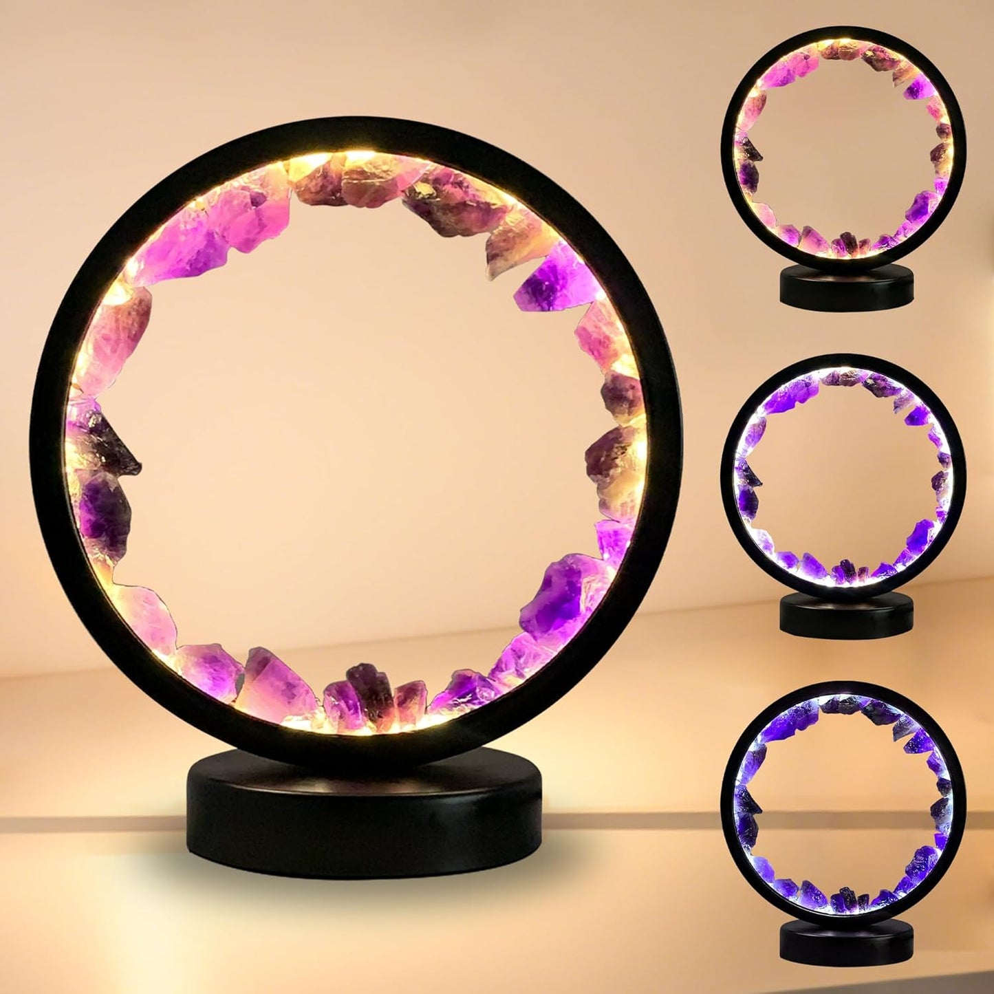Crystals Night Light Amethyst Table Lamp,Natural Raw Amethyst Selenite Calming Lamps Crystal Healing Stone Bedside Light with 3 Color Dimming Mode,Nightlight for Office Home Decor Gift