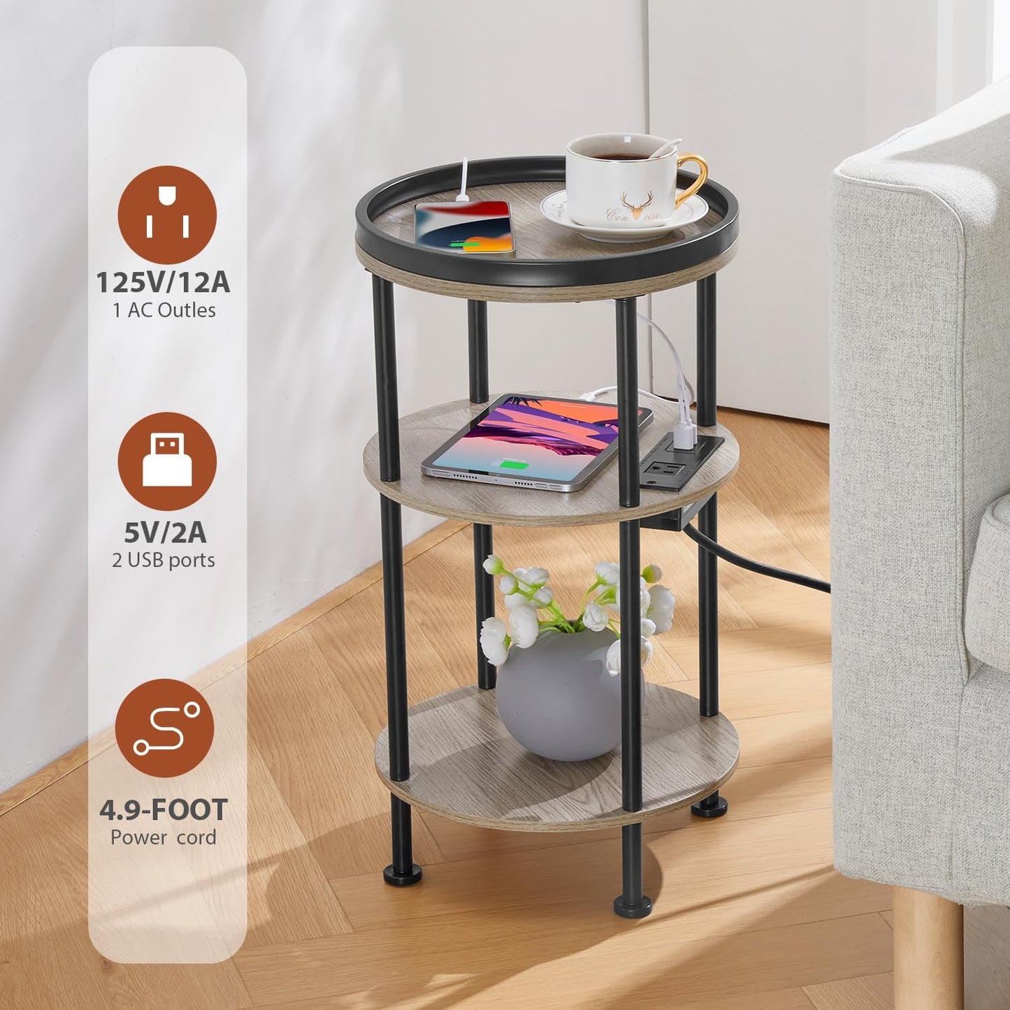 Small Round Side Table with Charging Station for Small Spaces, 3-Tier Accent Table with USB Ports & Power Outlets, Corner Tea Table Sofa Table for Living Room Nightstand Bedroom Apartment(USB,Oak)