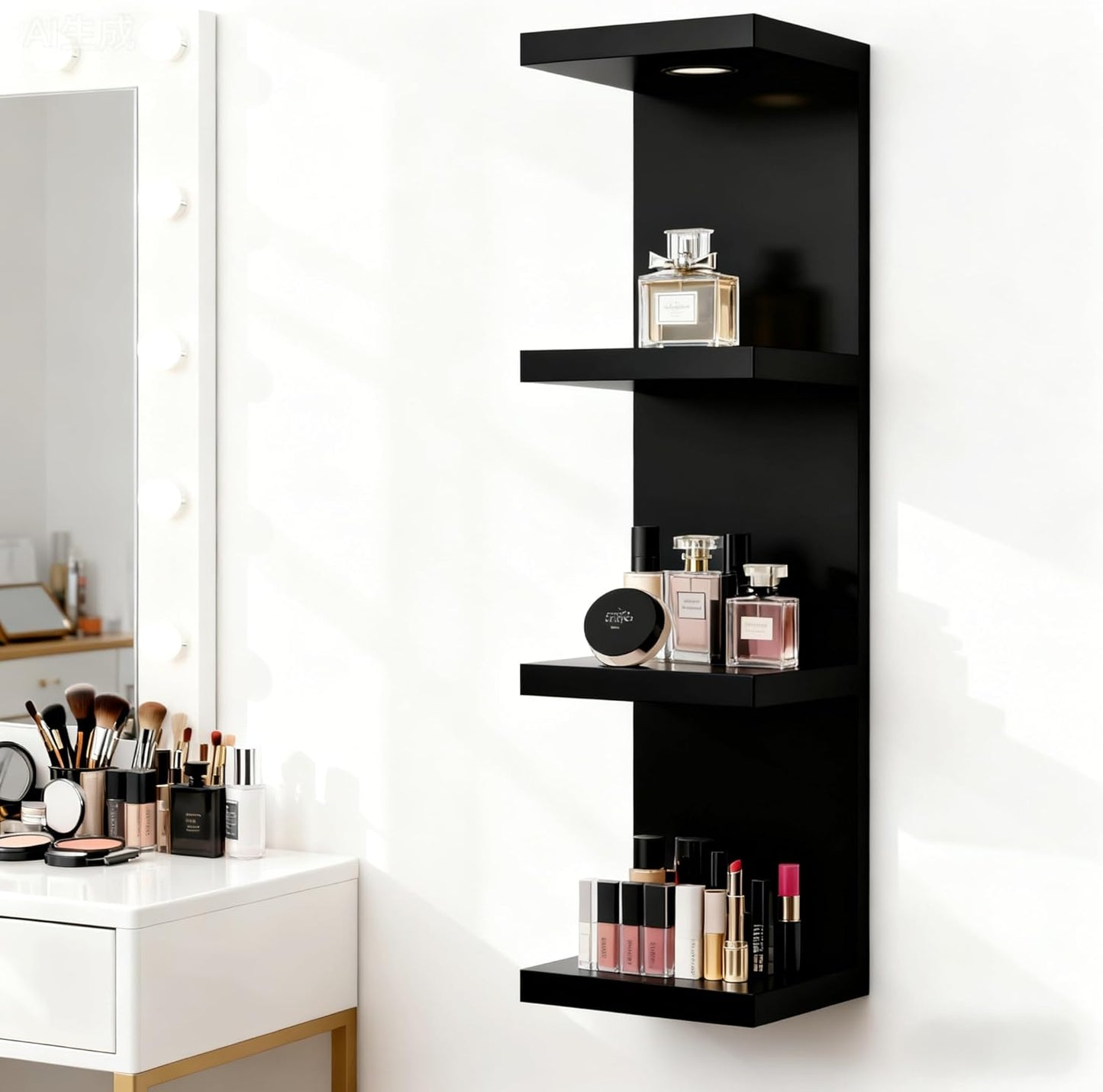 4 Tier Wall Shelf Unit Black Floating Shelves with LED Lights,Lack Wall Shelf,Versatile Floating Shelves for Home Decor Organizer Books Decor