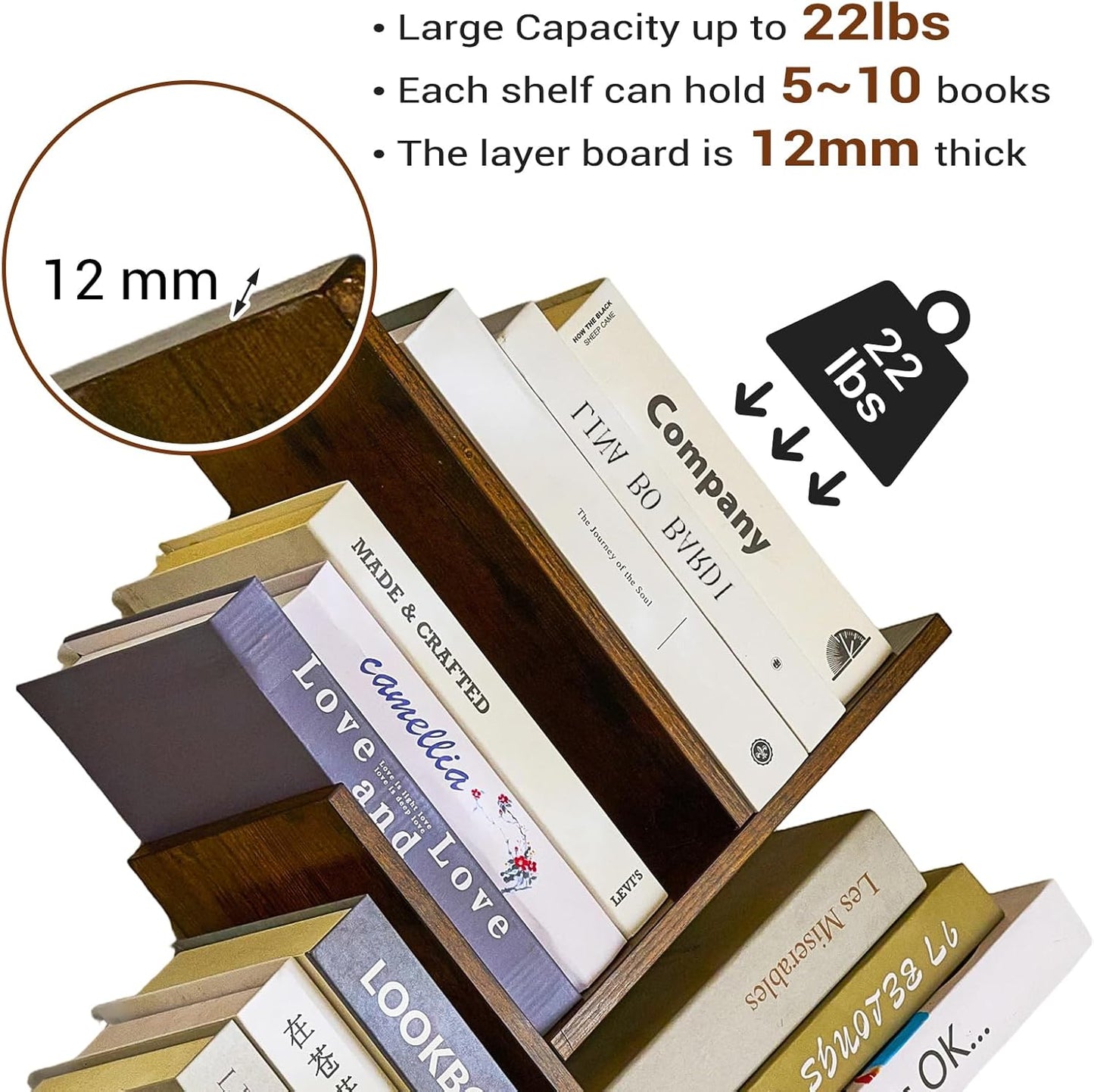 3-Tier Tree Book Shelves for Wall, Small Wall Mounted Shelves, Unique Hanging Bookshelf Storage Rack, Floating Bookshelves Organizer for Living Room, Office, Rustic Brown & Black