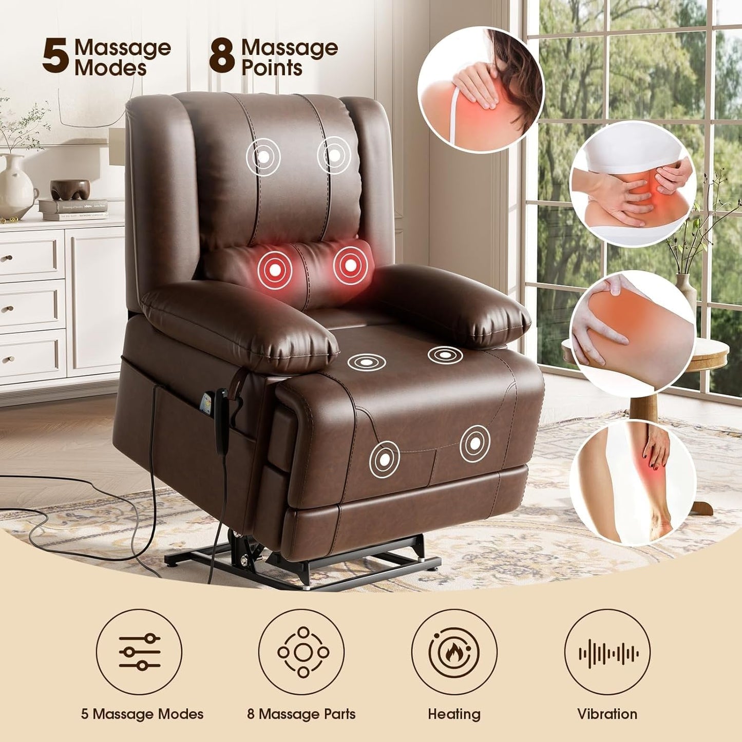 Dual Motor Power Lift Recliner Chair for Elderly, Infinite Position Sofa with Heat and Massage, Breathable Leather High Back Armchair with USB Port & Remote Control, Brown