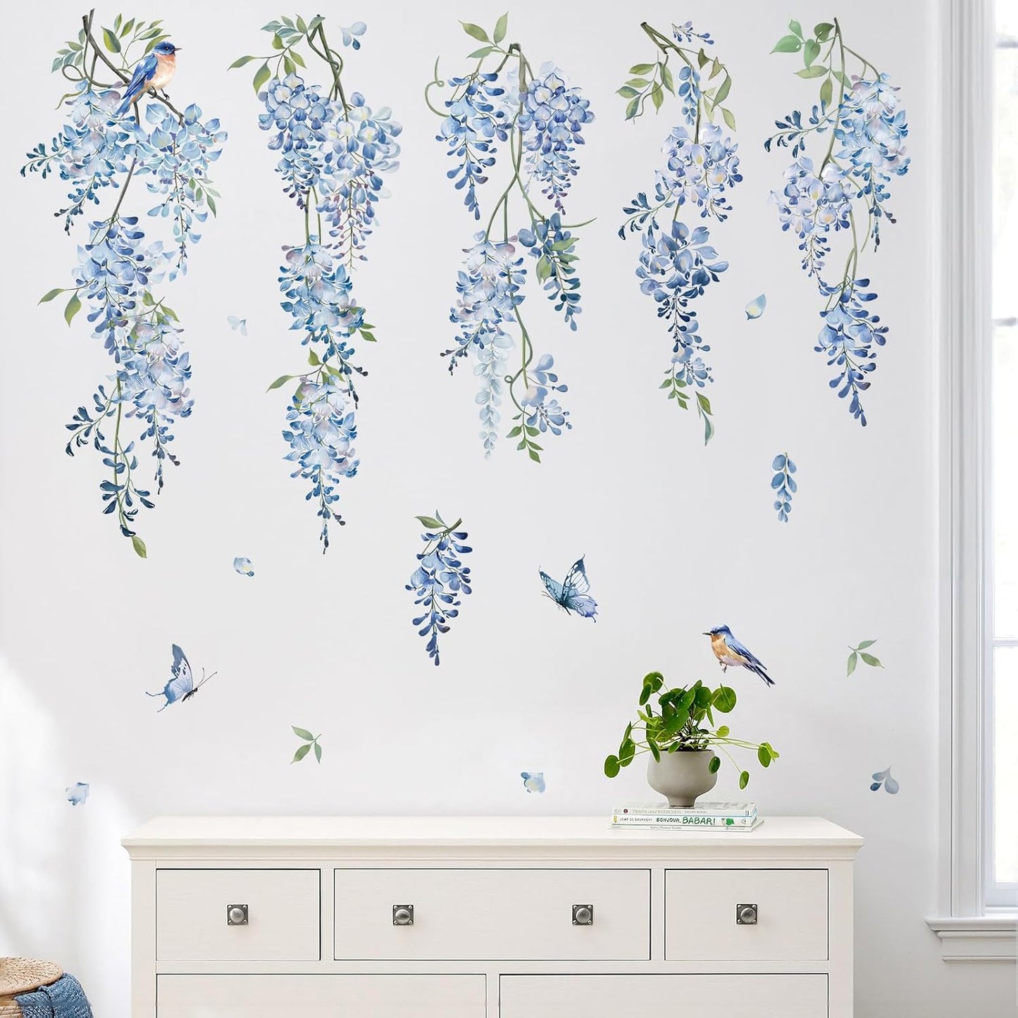 decalmile Hanging Flower Vine Wall Decal Blue Wisteria Floral Vines Wall Stickers Living Room Bedroom Sofa TV Background Wall Decor