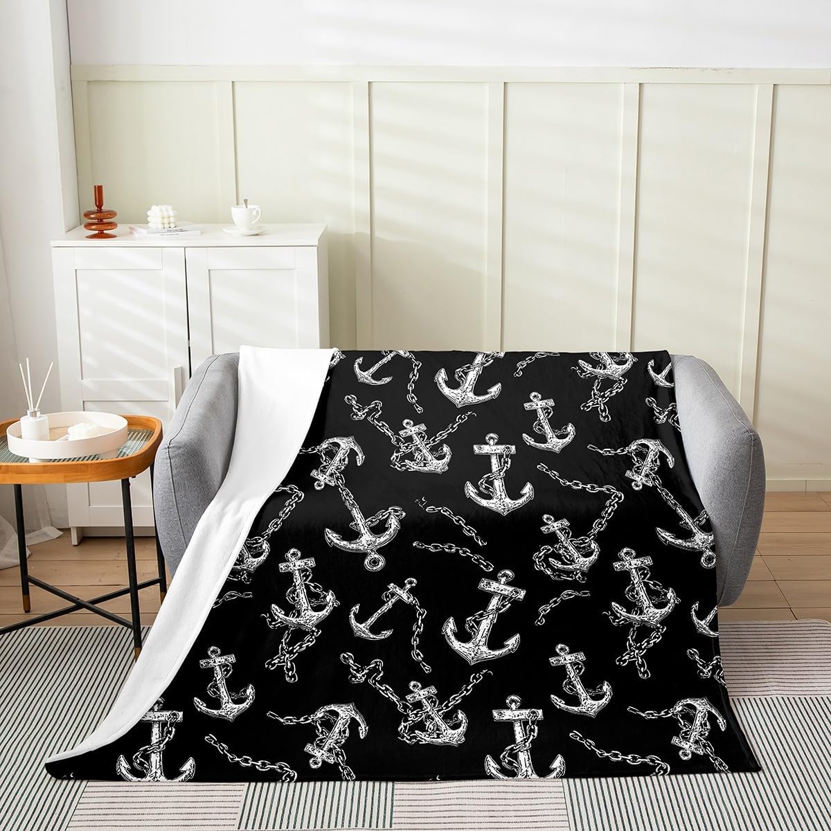 Feelyou Anchor Decor Fleece Throw Blanket for Bed Sofa Couch,Kids Nautical Flannel Fuzzy Blanket,All Season Ocean Themed Black White Bed Blanket Room Decor Plush Blanket Throw 50"x60"
