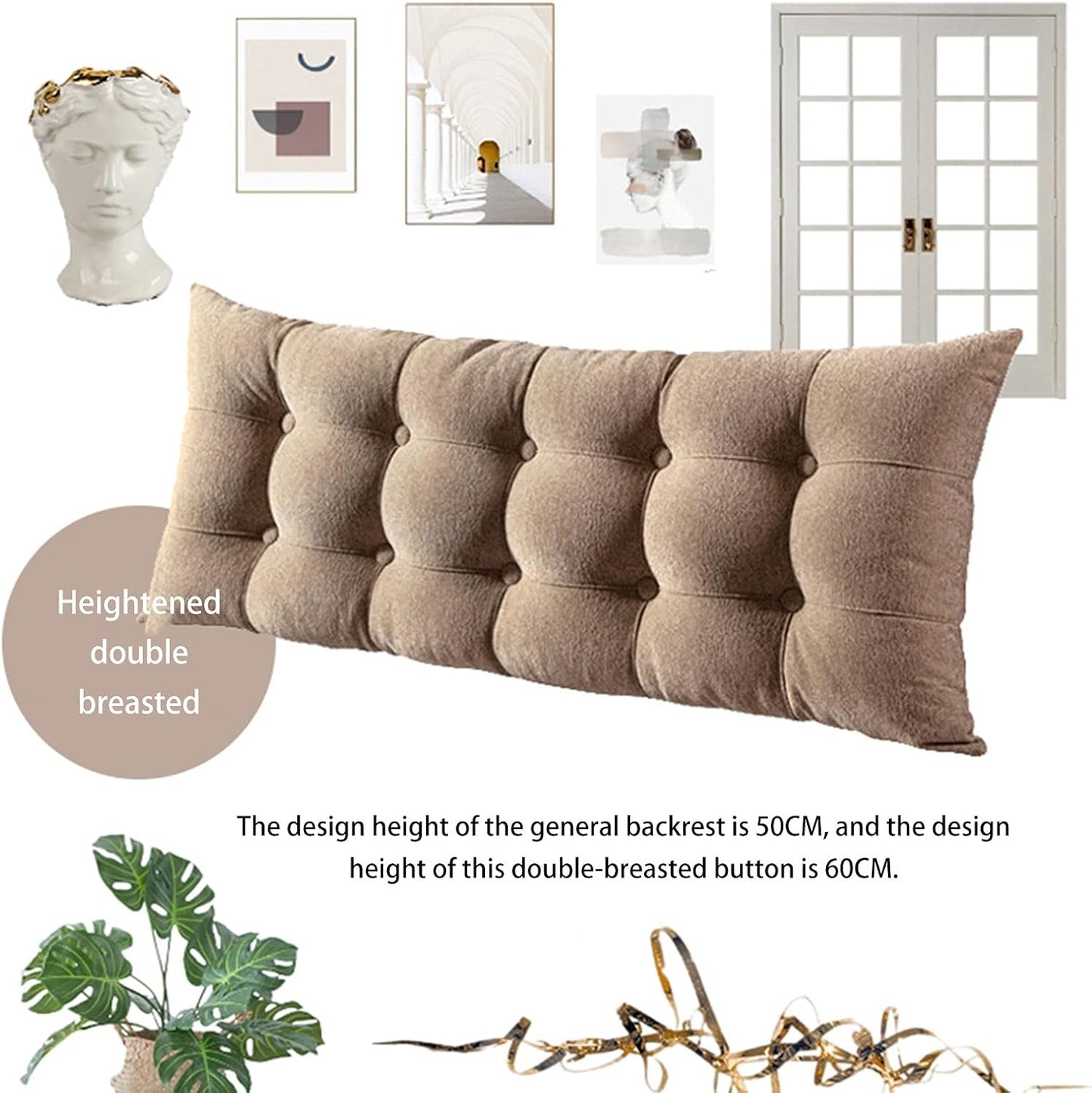 Rectangular Positioning Support Headboard Pillow,Large Bed Bolster Lumbar Cushion for Rest Reading,for Day Bed & Bunk Bed with Removable Cover (Color : Light Brown, Size : 20060CM)