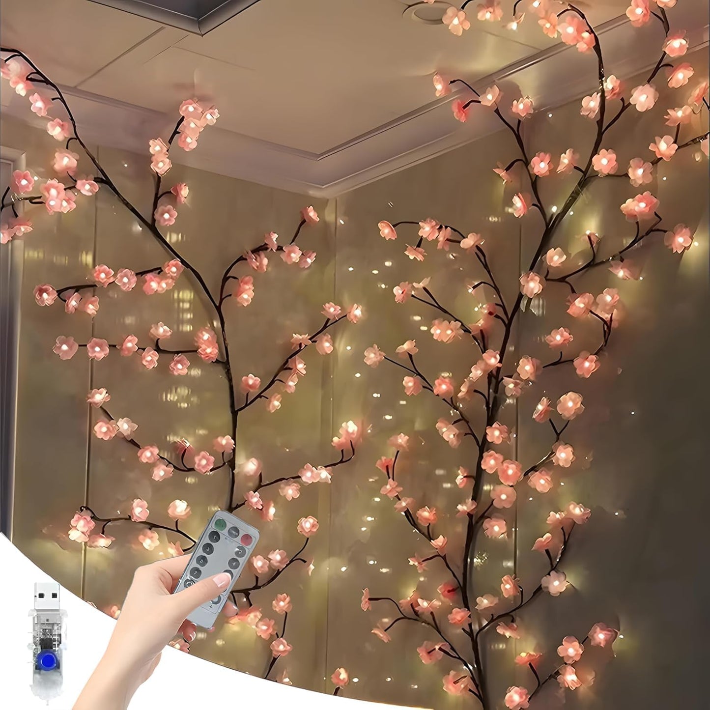 LED Tree Branch Lights for Wall 5.25FT 72LEDs Cherry Blossom Lights with Remote and 8 Lighting Modes Cherry Blossom Garland Willow Vine Light for Bedroom Indoor Wall Wedding Christmas Decor