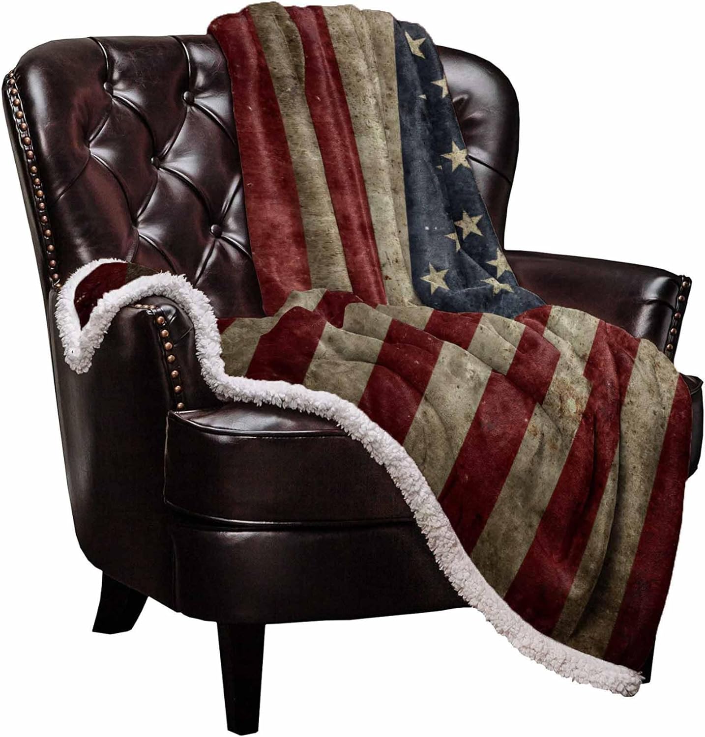 US Flag Sherpa Fleece Blanket, Super Thick and Warm Cozy Luxury Blanket 50"x60", Vintage American Flag Fourth of July Independence Day Themed Bed Blanket, Fluffy Microfiber Throw Blanket for Couch