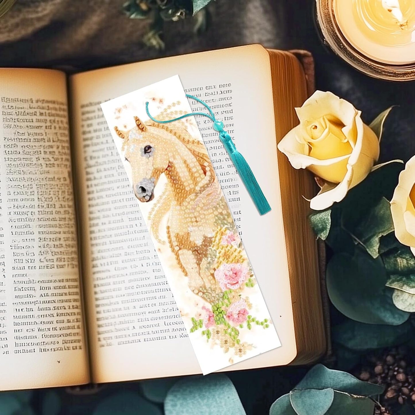 10Pcs Horse Flower 5D Diamond Art Bookmarks Floral Diamond DIY Painting Bookmarks Rhinestones Beaded Acrylic Tassel Bookmark for Adult Beginner Crafts