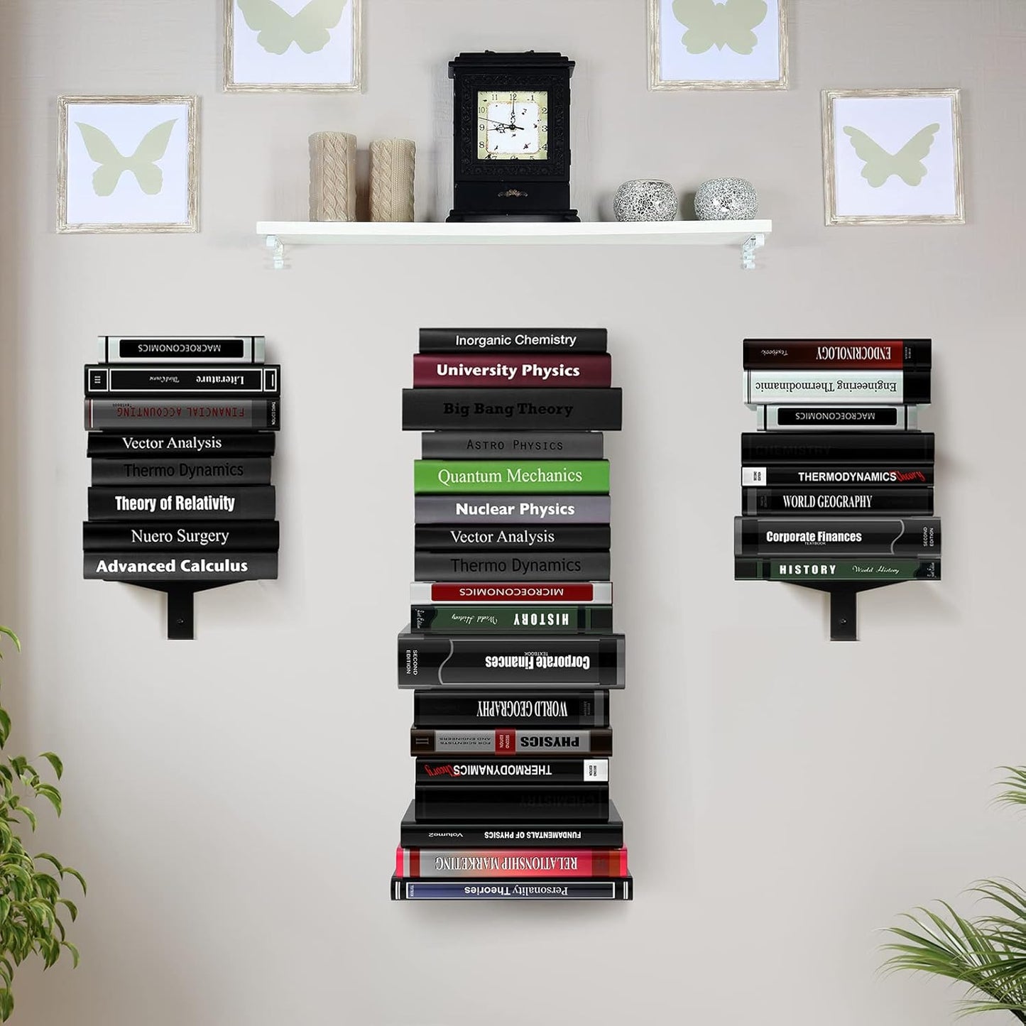 Floating Book Shelves for Wall, 8 Tier Invisible Floating Bookshelf, Vertical Spine Book Tower, Wall Mounted & Space Saving, Heavy Duty Metal Book Organizer for Home Office, 4 Pack Black