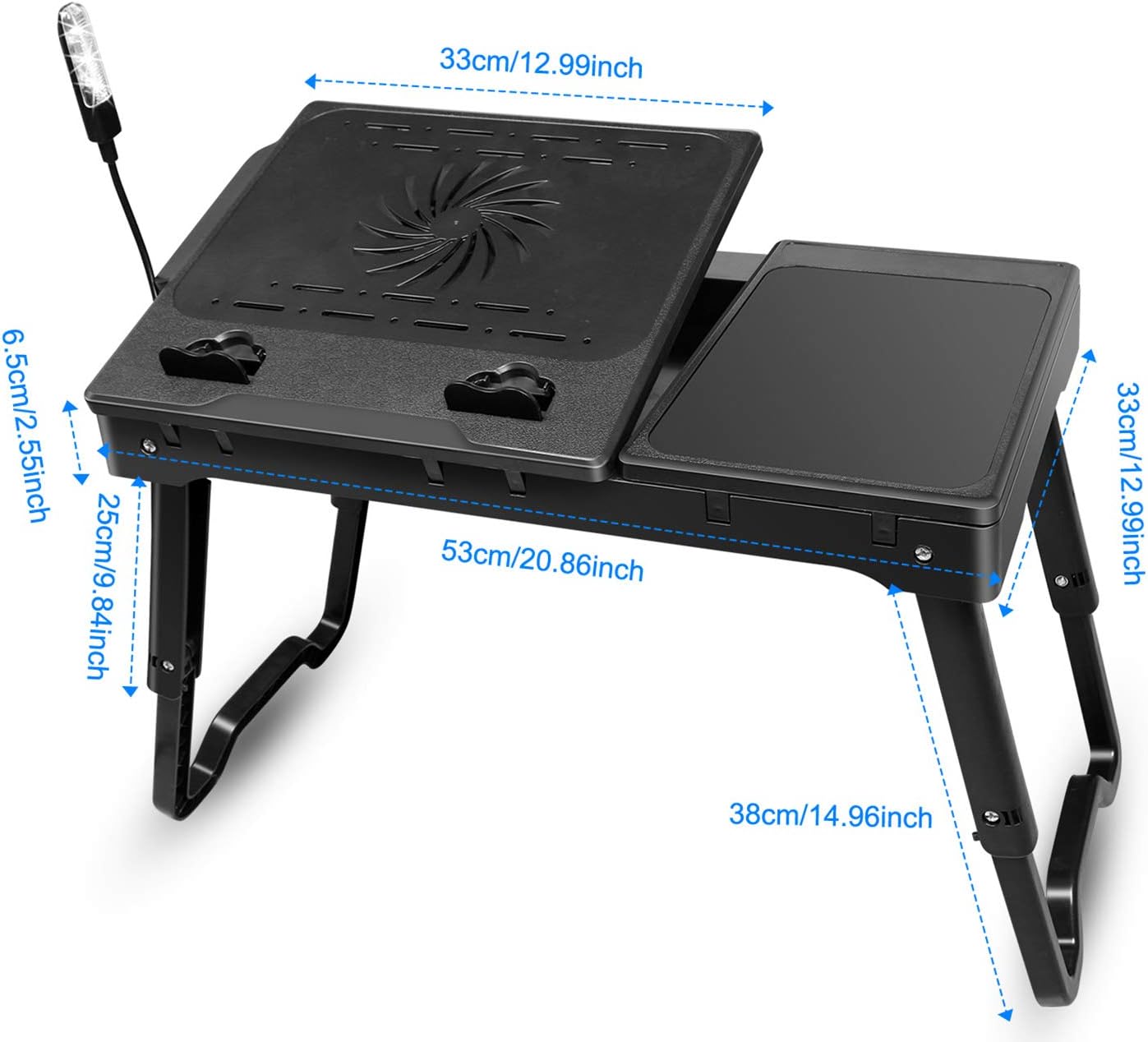 Foldable Laptop Bed Tray Desk Adjustable Lap Table Notebook Desk with Cooling Fan Mouse Board USB Ports LED Light Laptop Stand for Bed Sofa Couch