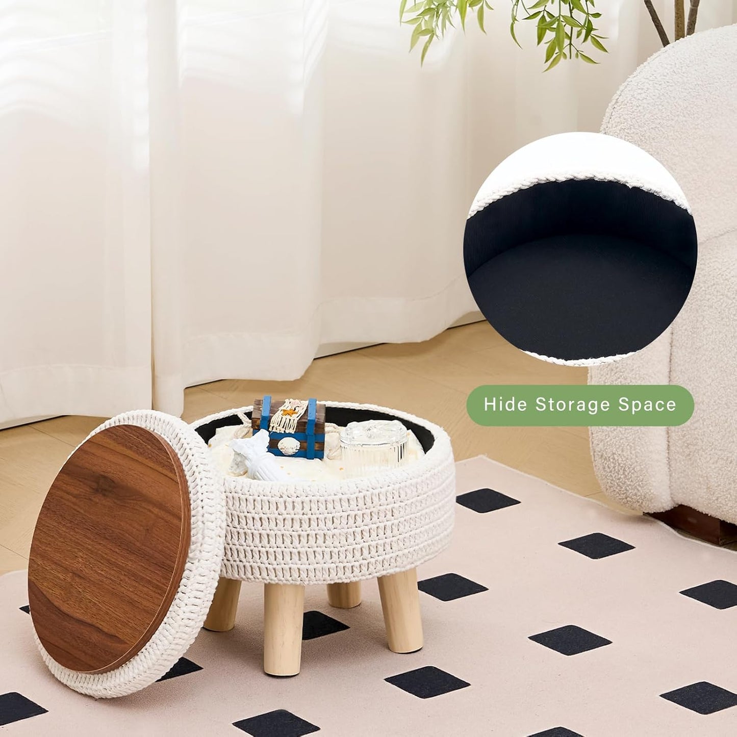 Wimarsbon Pouf Ottoman, 100% Cotton Knitted Boho Footstool, Round Footrest with Non-Skid Wood Legs, Home Décor Handmade Pouffe, Leisure Floor Step Stool for Living Room (Storage Beige)